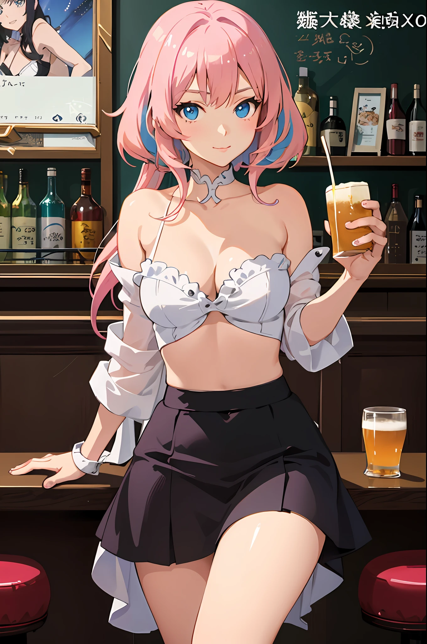 Anime girl with pink hair and blue eyes sitting in bar, seductive anime girls, at a bar, in a pub, sitting at the bar, beautiful and seductive anime woman, Guviz-style artwork, Guweiz in Pixiv ArtStation, small curvaceous , Best Rated on pixiv, Guweiz on ArtStation Pixiv