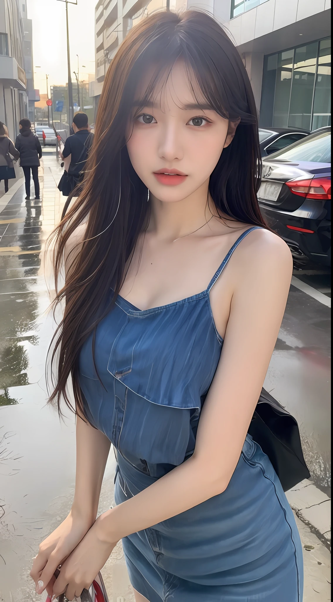 ((Best Quality, 8K, Masterpiece:1.3)), Focus: 1.2, Perfect Body Beauty: 1.4, Buttocks: 1.2, ((Layered Haircut, Breasts: 1.2)), (Wet Clothes: 1.1) , (Rain, Street:1.3), Bandeau Dress: 1.1, Highly Detailed Face and Skin Texture, Delicate Eyes, Double Eyelids, Whitened Skin, Long Hair