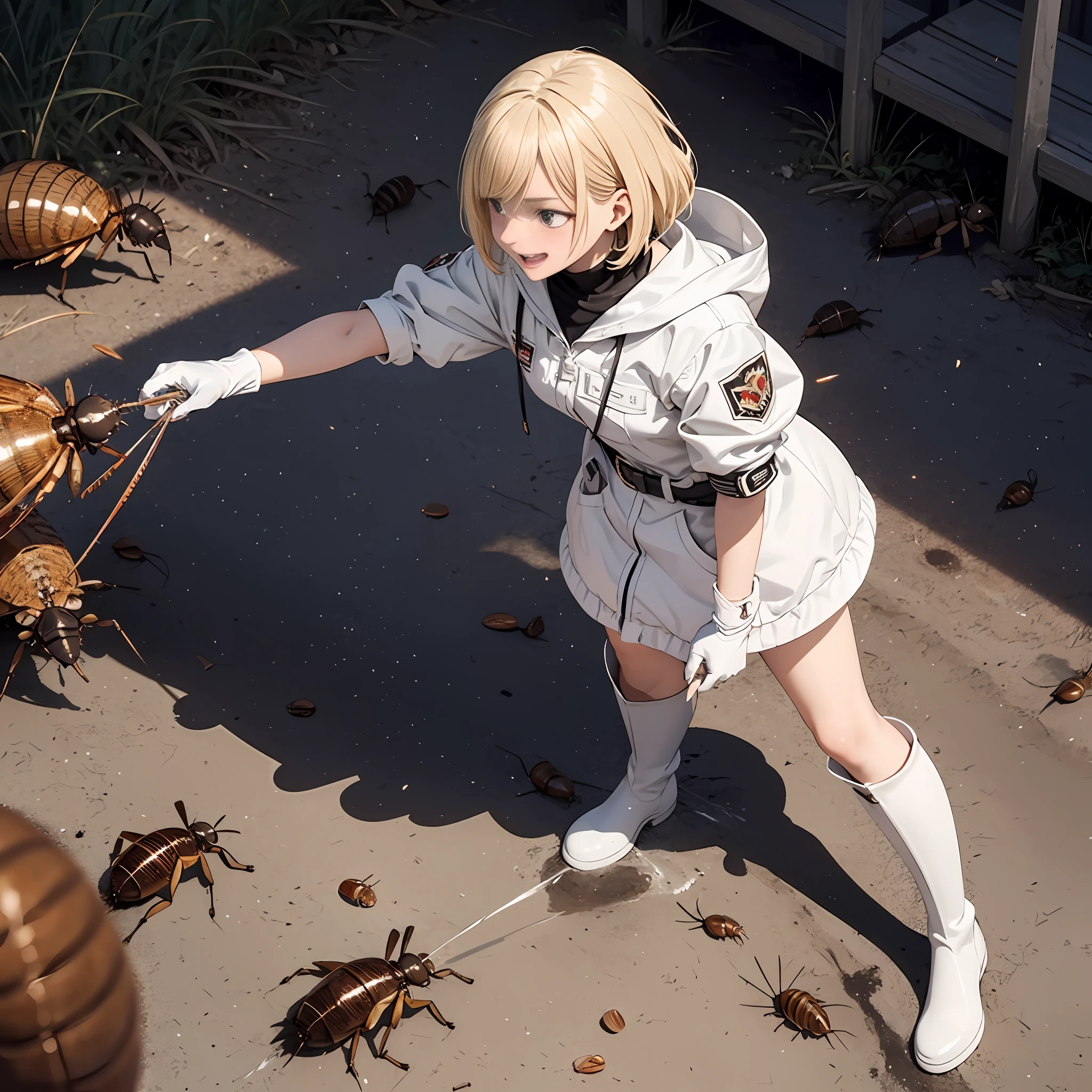 (masutepiece),Best Quality, Ultra-detailed,Beautiful blonde beautiful girl,White protective clothing、white rubber boots、White rubber gloves,A large amount of small cockroaches on the ground、 Small cockroaches filling the ground,Fighting cockroaches、Get rid of cockroaches、Crushed cockroaches、Splashing cockroach fluids、Standing and trampling、Joyful expression、Look up here、[ 🐛Trampling：1.2]:0.3.