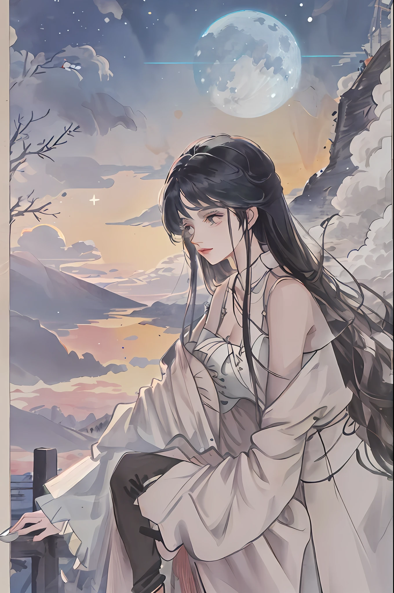 tmasterpiece,best qualtiy,the night,moutains,Clouds,moon full,long whitr hair,woman,siluette,glowworm,whaite hair