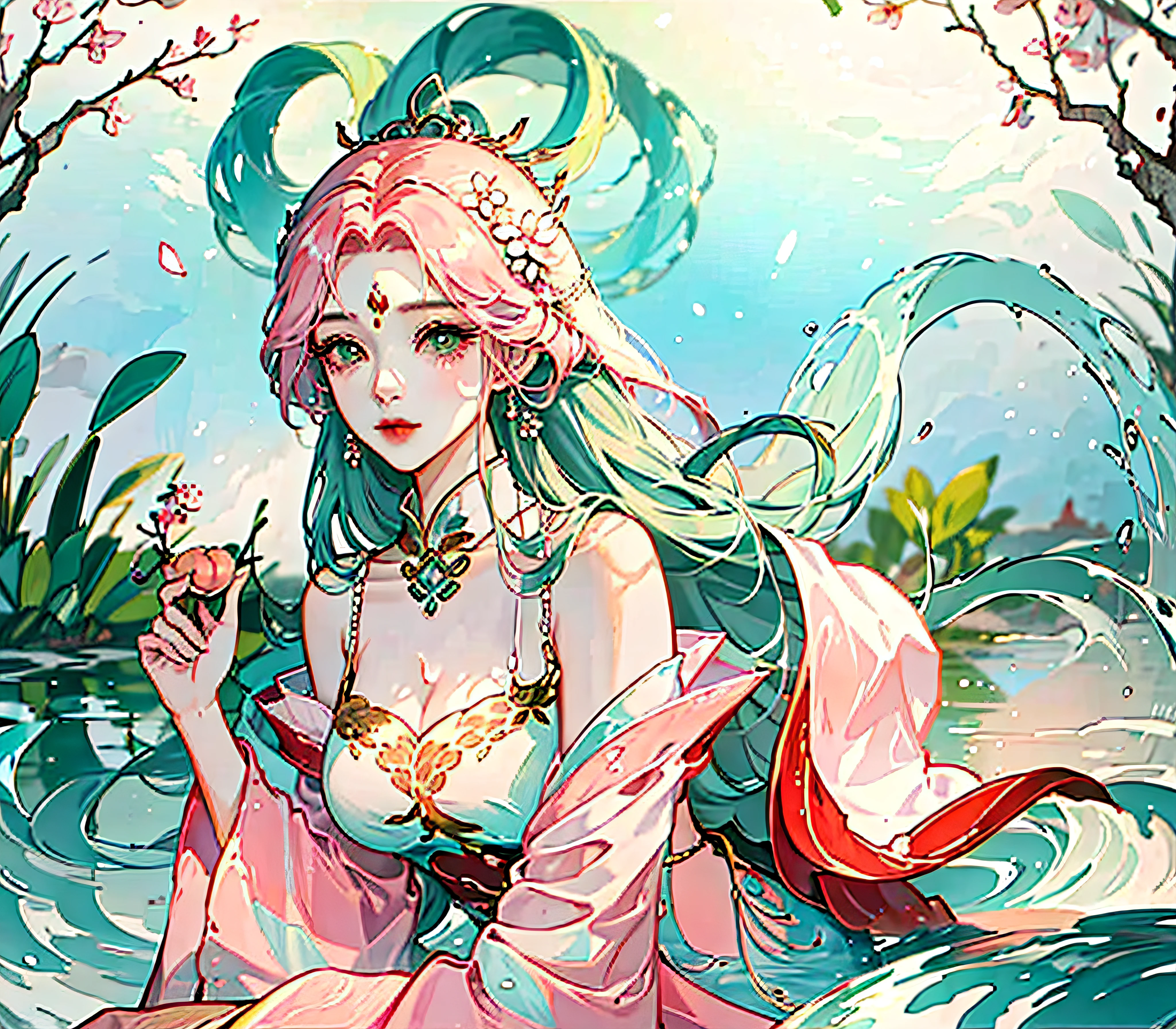 Still water flows deeply，Cangsheng Tread Pink Green Gradient Flowing Hair Girl Red and Lake Blue Gradient Hair Wind Chimes Thick Double Ponytail Witch Goddess Girl Clear Facial Depiction Pure White Simple Dress Extremely Smooth Long Hair Long Hair Plant Anthropomorphism Peach Blossom Source God Girl Peach Blossom Embellishment Spectacular Background Overgrowth