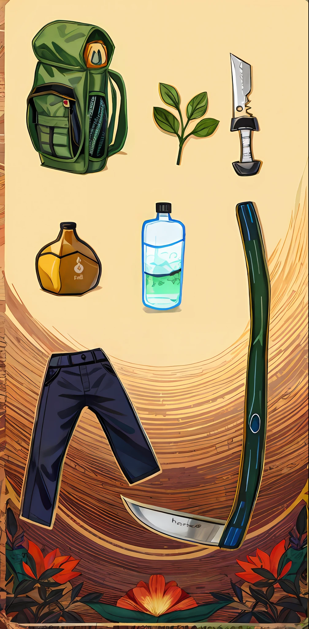 Conceito de equipamentos, equipamentos, equipamentos de acampamento, mochila verde, mochila, Army Backpack, folha, planta verde, faca pequena, steel knife, potion, Life Potion, frasco de vidro, garrafa, garrafa pet, garrafa de vidro, foice, foice com haste de madeira, Upside-down sickle, foice invertida, pants, old pants, fundo branco, fundo bege