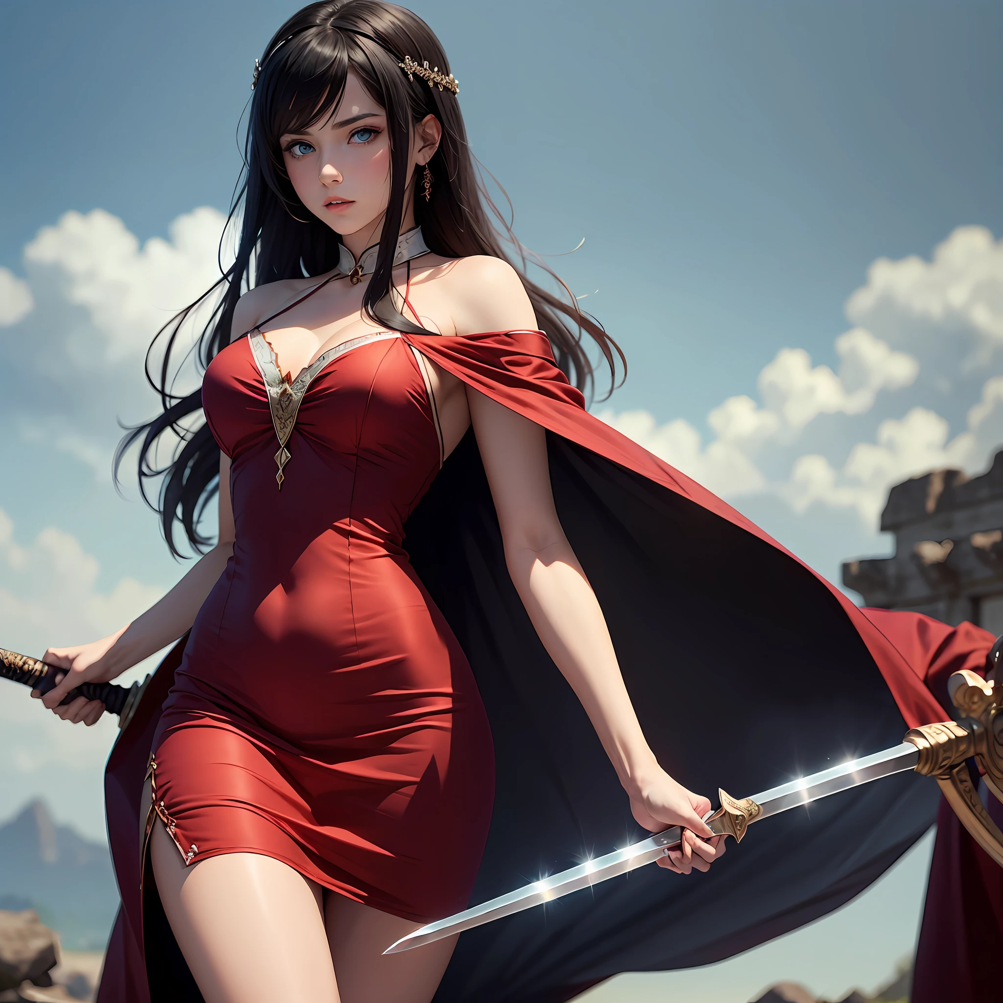 Close-up of a girl holding a sword in a red dress，ancient-style clothing，Black hair and blue eyes --auto