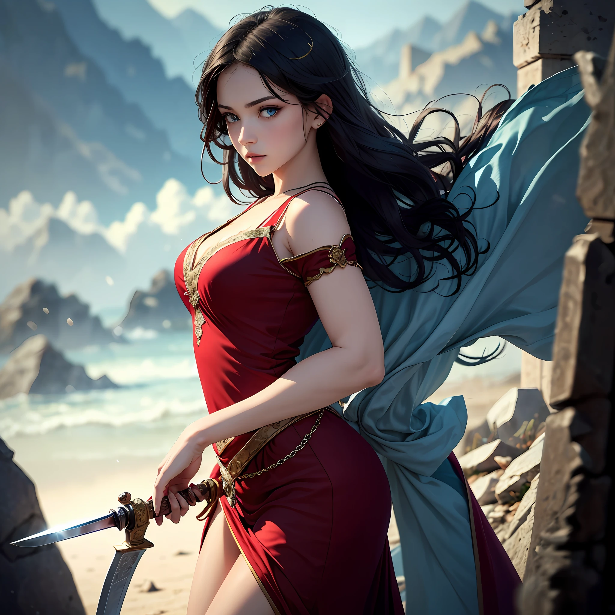 Close-up of a girl holding a sword in a red dress,ancient-style clothing,Black hair and blue eyes --auto