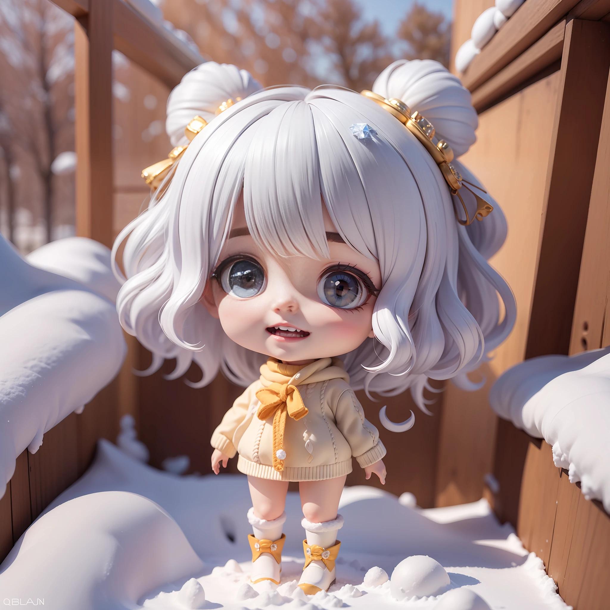 8K，hyper HD，high definition detail，tmasterpiece，((best detail)),((high qulity))，Super cute girl full body 3D drawing，adolable，Pop Mart blind box, Blind box dolls, ,On a sunny morning，One person wears a white sweater，Wearing white boots，Silver long-haired girl wearing an ice crystal headdress on her hair，Standing in the snow，half closed eye，Laugh happily