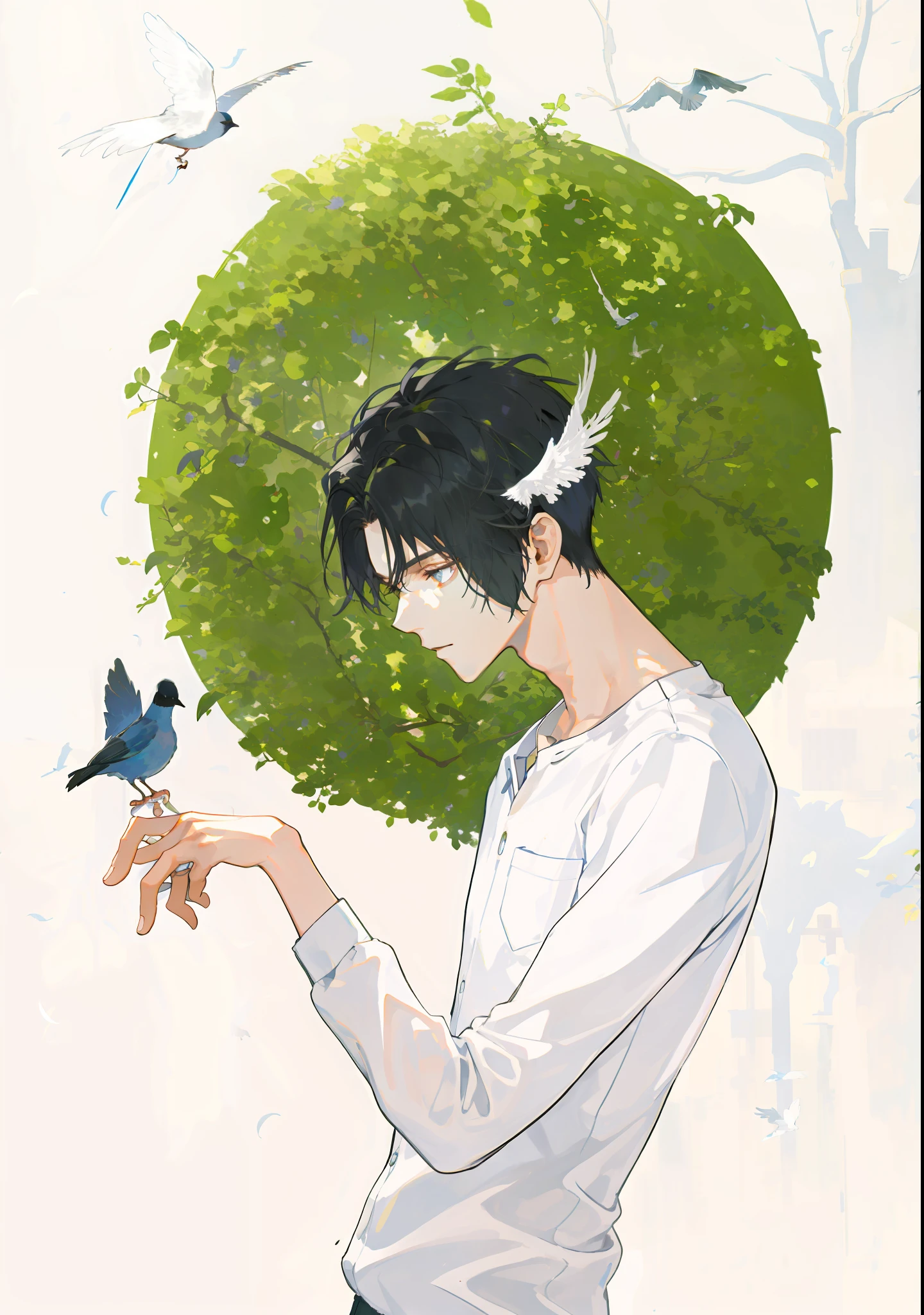 masterpiece, best quality, 1boy, male focus, handsome, residential area, fence, spindle trees, afternoon sun, the way home from school, school uniform, backpack, flock of birds, from directly side, depth of field
