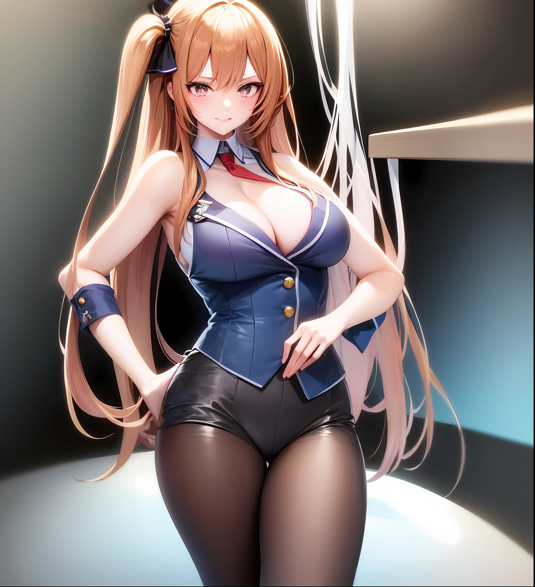 Chica anime en uniforme con pelo largo y corbata roja, Traje de Asuka debajo de la ropa!, Estilo Azur Lane, Render de abril, rias gremory, Kasumi Arimura Estilo 3/4, Zenkai de cuerpo completo! Traje de Asuka, gesto de pose de pudica sexy, Kurisu Makise, Del videojuego Azure Lane, Makise Kurisu