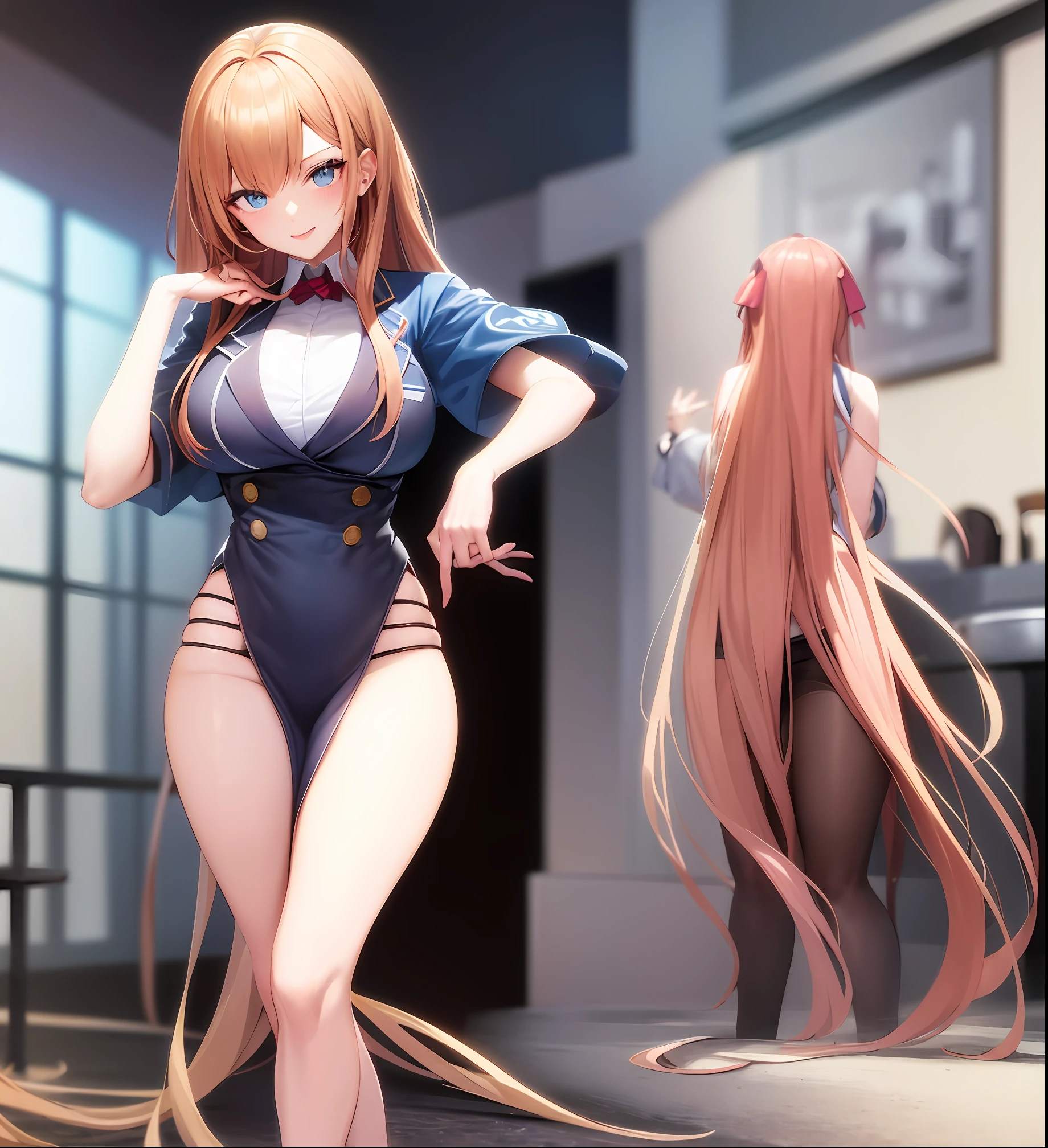 Chica anime en uniforme con pelo largo y corbata roja, Traje de Asuka debajo de la ropa!, Estilo Azur Lane, Render de abril, rias gremory, Kasumi Arimura Estilo 3/4, Zenkai de cuerpo completo! Traje de Asuka, gesto de pose de pudica sexy, Kurisu Makise, Del videojuego Azure Lane, Makise Kurisu