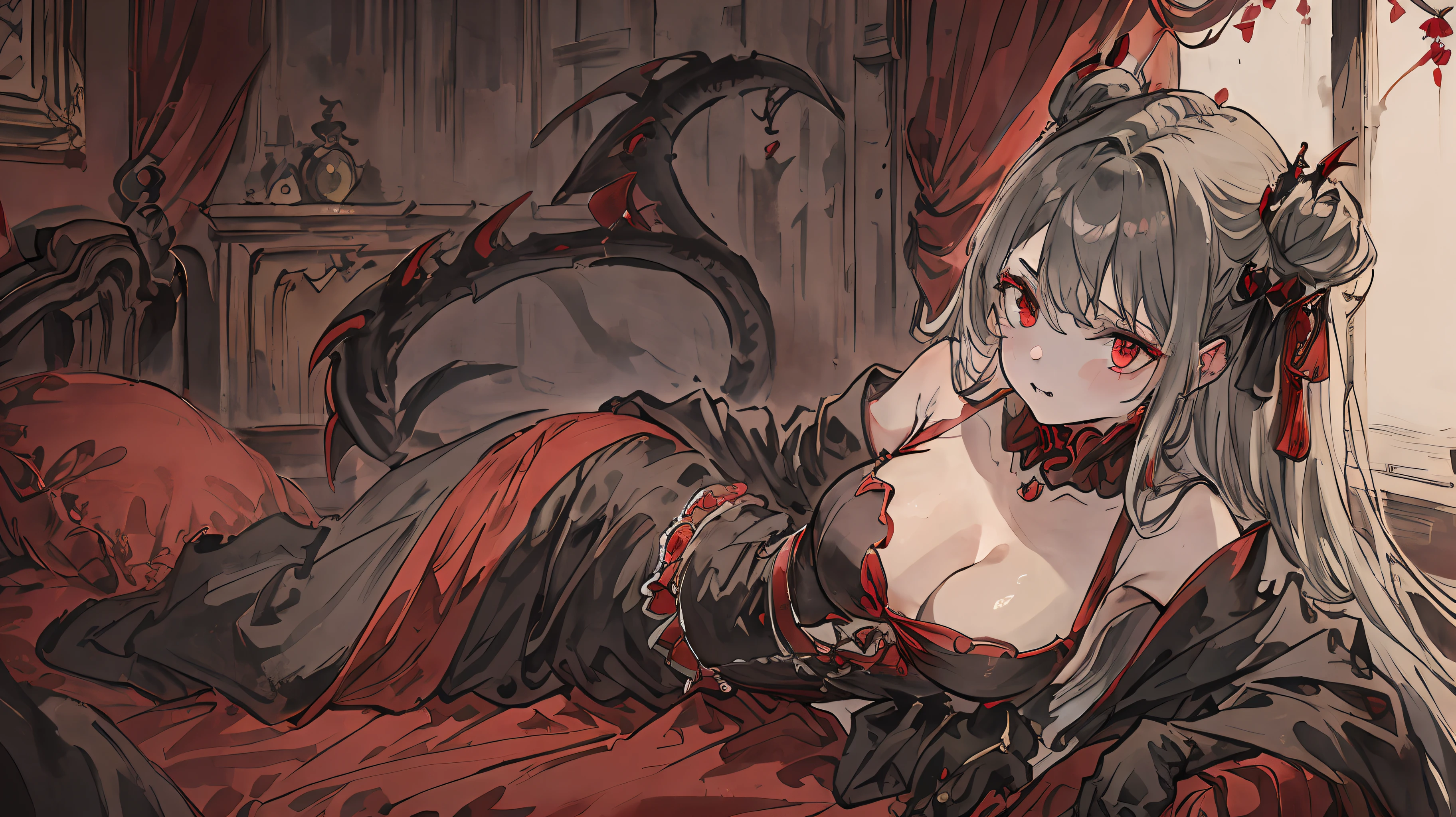 ((masterpiece))、((top-quality))、((Official art))、8K、very detailed illustration、One girl、Gray hair、Long straight hair、Detailed eye、(Interior of the old castle 1.2)、The dim、(Gorgeous red and black gothic dress 1.2)、((Dracula's daughter))、((deadpan))、Fair skin、pure、Meek、bare shoulders、Detailed photo book poses、white glove、lyin in bed