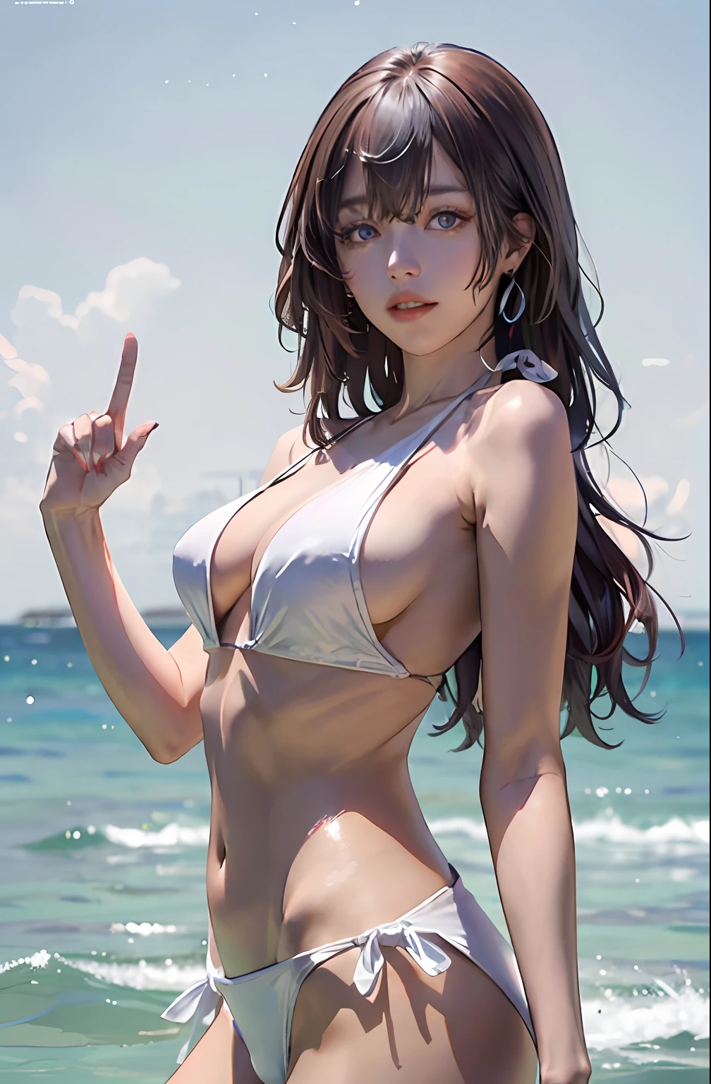 (tmasterpiece), best qualityer, 1girll, middle finger, 独奏, eBlue eyes, brown hair, long whitr hair, nedium breasts, cparted lips, , jewely, looking at viewert, nipple piercing, nail polish, Japanese swimsuit bikini