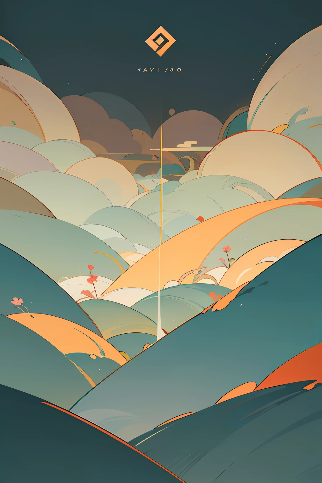 (Chinese landscape), abstract painting, (Zen, Amy Sol style), (Green trees, flowers, Chinese style architecture, mountains), cover art with light abstraction, simple vector art, contemporary Chinese art, color gradients, soft color palettes, layered forms, whimsical animation, style Ethereal abstract, 4K, --auto --v6