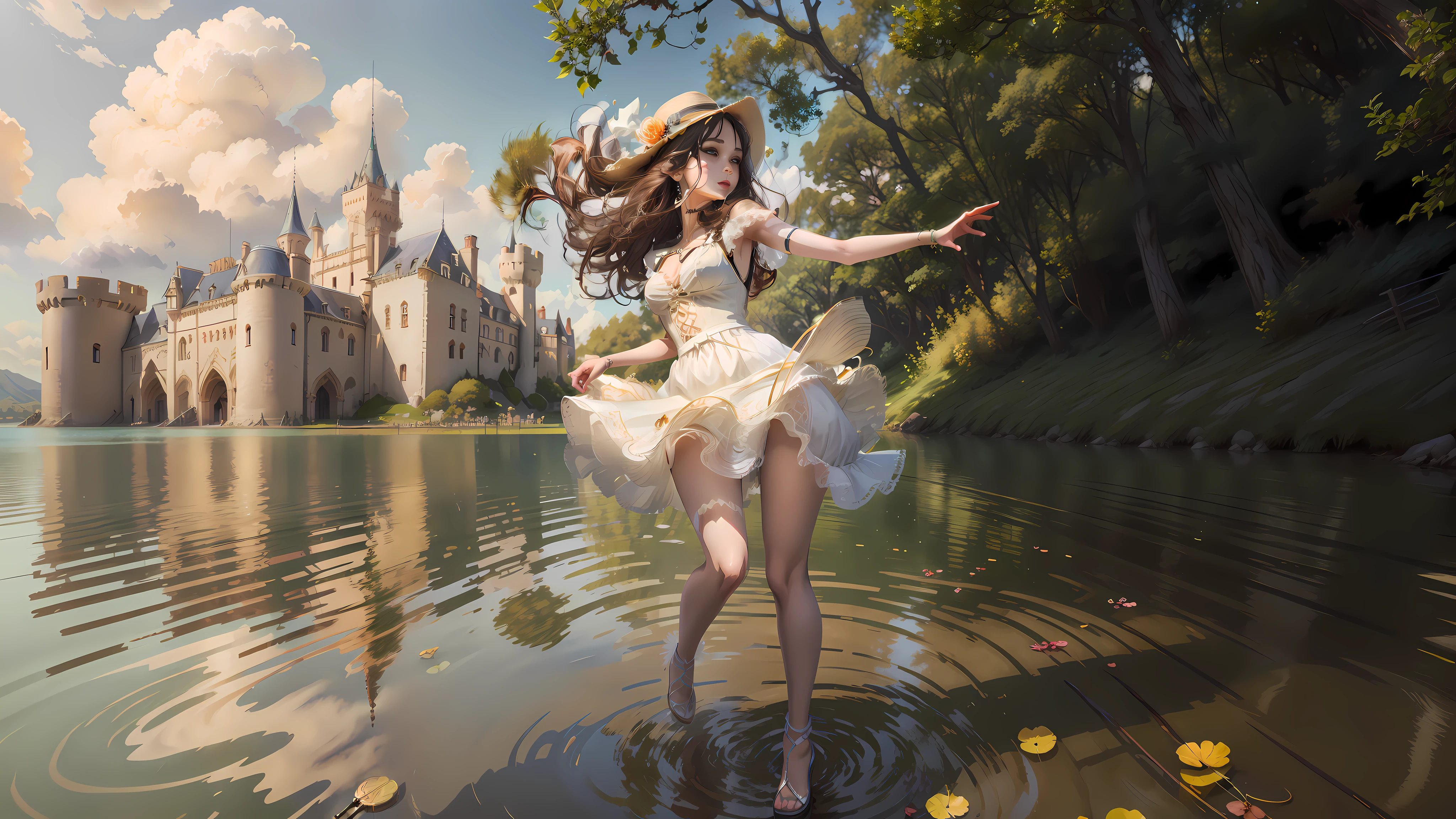 Anime girl dancing in lake in white dress，The background is a castle, Kushatt Krenz Key Art Women, by Yang J, Artgerm and Atey Ghailan, WLOP and Sakimichan, Artgerm on ArtStation Pixiv, Style Artgerm, Anime girl walking on water, elegant floating pose