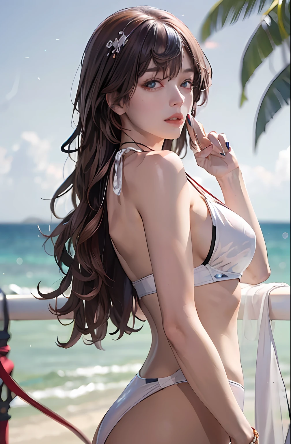 (tmasterpiece), best qualityer, 1girll, middle finger, 独奏, eBlue eyes, brown hair, long whitr hair, nedium breasts, cparted lips, , jewely, looking at viewert, nipple piercing, nail polish, Japanese swimsuit bikini