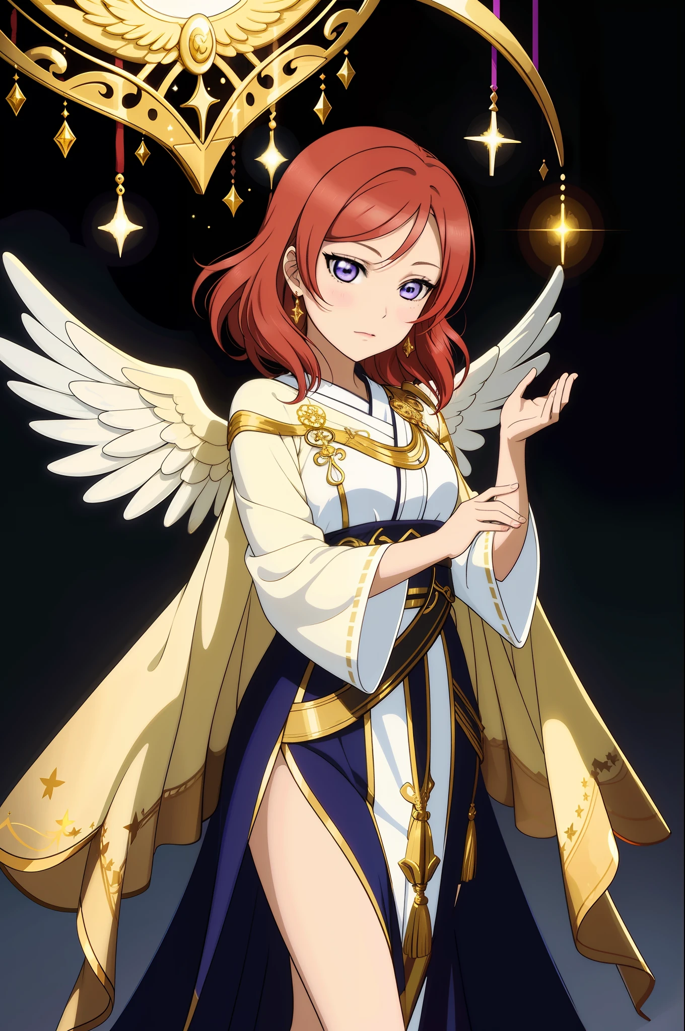 photorealistic, (hyperrealistic:1.2), beautiful, masterpiece, best quality, nishikino maki, purple eyesextremely detailed face, perfect lighting, nice hands, perfect hands,    A divine and radiant angel in celestial splendor, (heavenly presence:1.2), (serene expression), (majestic wings), (ethereal glow:1.1), (peaceful and comforting), (transcendent beauty), (divine grace), (symbol of purity), (golden halo), (uplifting atmosphere), (celestial realm), (spiritual enlightenment), (gentle and protective), (illuminating light:1.2), (seraphic figure), (harmony and serenity), (angelic robes), (timeless and celestial), (captivating aura), (healing and guidance)