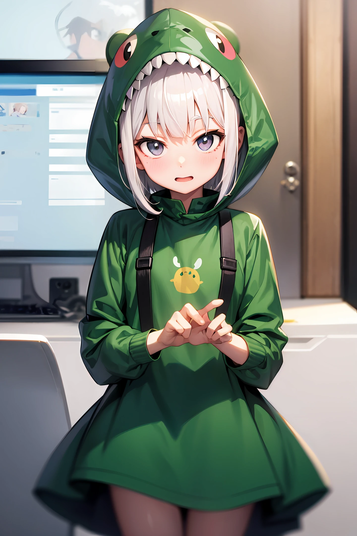 Anime style,cute anime face,Wearing a dinosaur costume,blacksilk,Short white hair