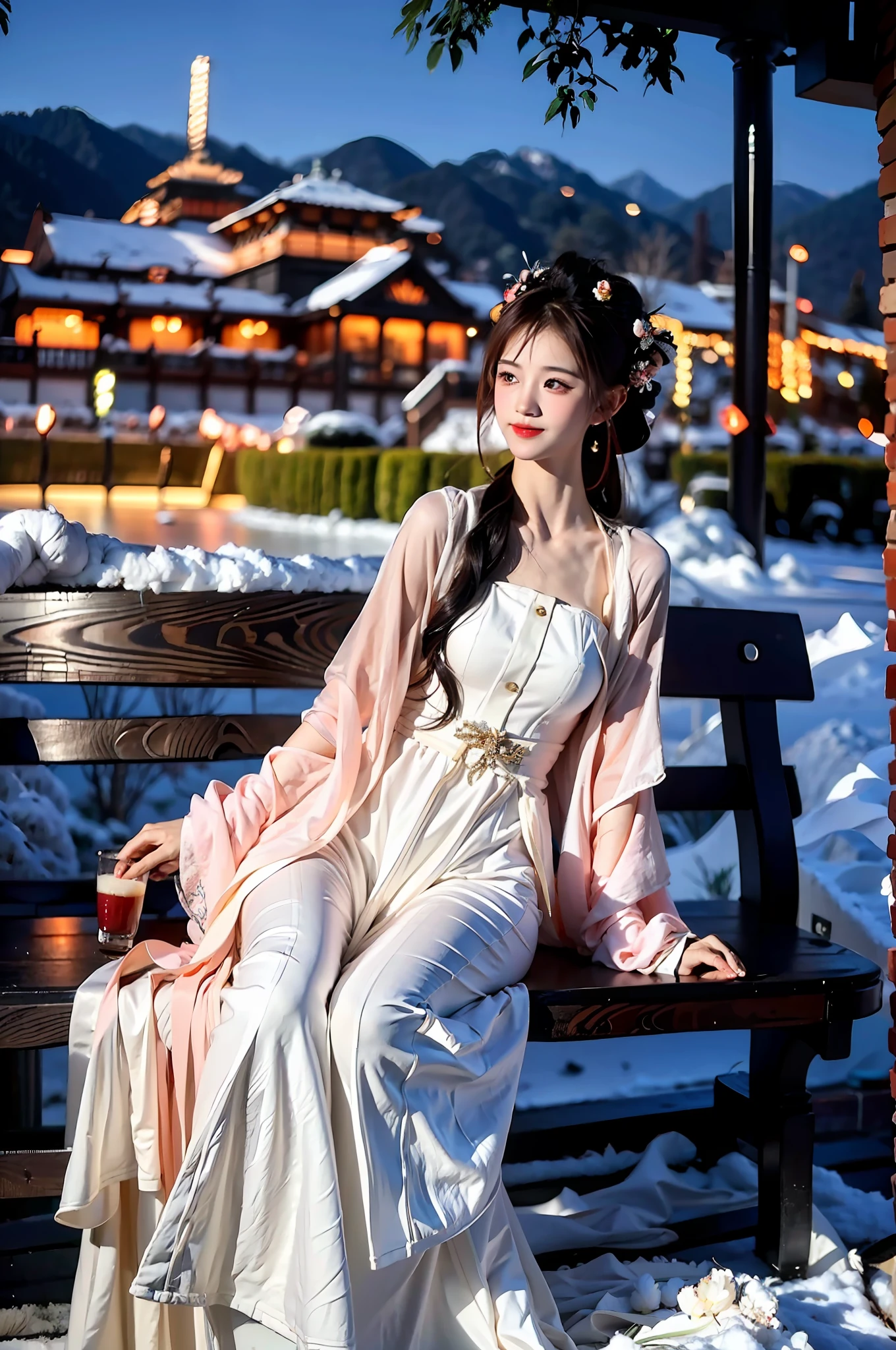 A beautiful and charming woman, leaning alone on a bench, under the light of the fire, her complexion is crystal clear like jade, like a crescent moon, like flowers and trees piled up with snow. When it is tactful, it is glamorous.