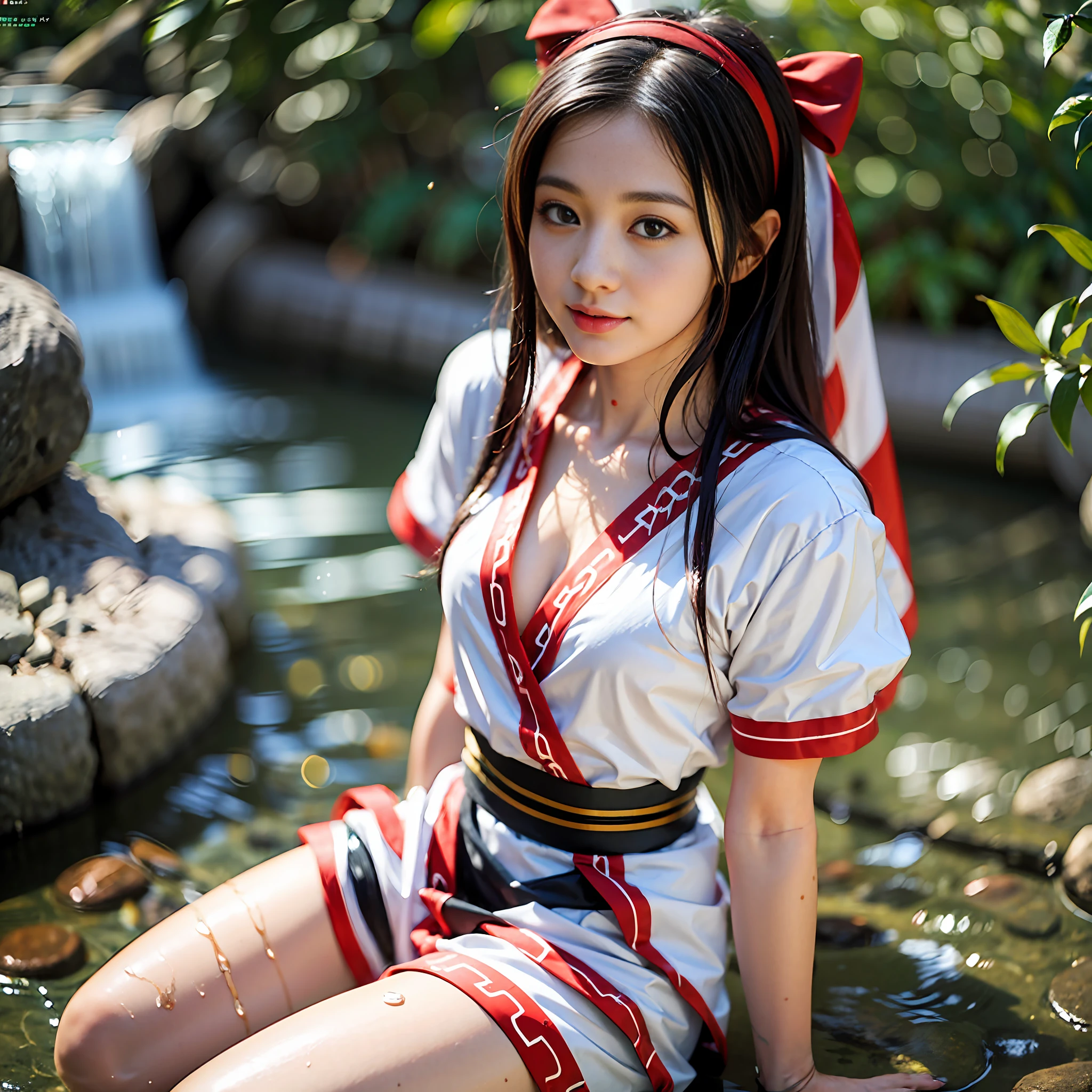 ​masterpiece、high - res、beste-Qualit、(a photorealistic:1.4)、1人, Clear stream deep in the mountains、falls、Bathing in water、Nakoruru, light  smile, Official art,Red bow, the bow, length hair, Hair Bow, Wet clothes、Wet skin、ainu clothes, 独奏, Hair Band, a bird, Black-haired, Fingerless gloves, shortsleeves, gloves, Underpants, bangss, red hairband, Brown-eyed, White pants, Komono,  (Small breasts、Chest exposure、bare footed、bare-legged:1.5)、Dramatic lighting and shadows、Solar flares、lensflare、Blurred foreground、(Film Lighting)、Soft lighting、dinamic angle、cinematlic lighting、Dynamic angles