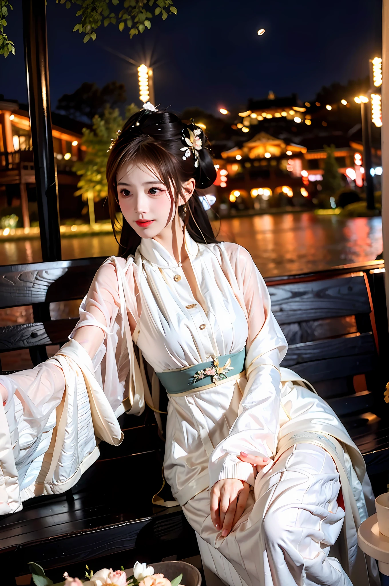 A beautiful and charming woman, leaning alone on a bench, under the light of the fire, her complexion is crystal clear like jade, like a crescent moon, like flowers and trees piled up with snow. When it is tactful, it is glamorous.