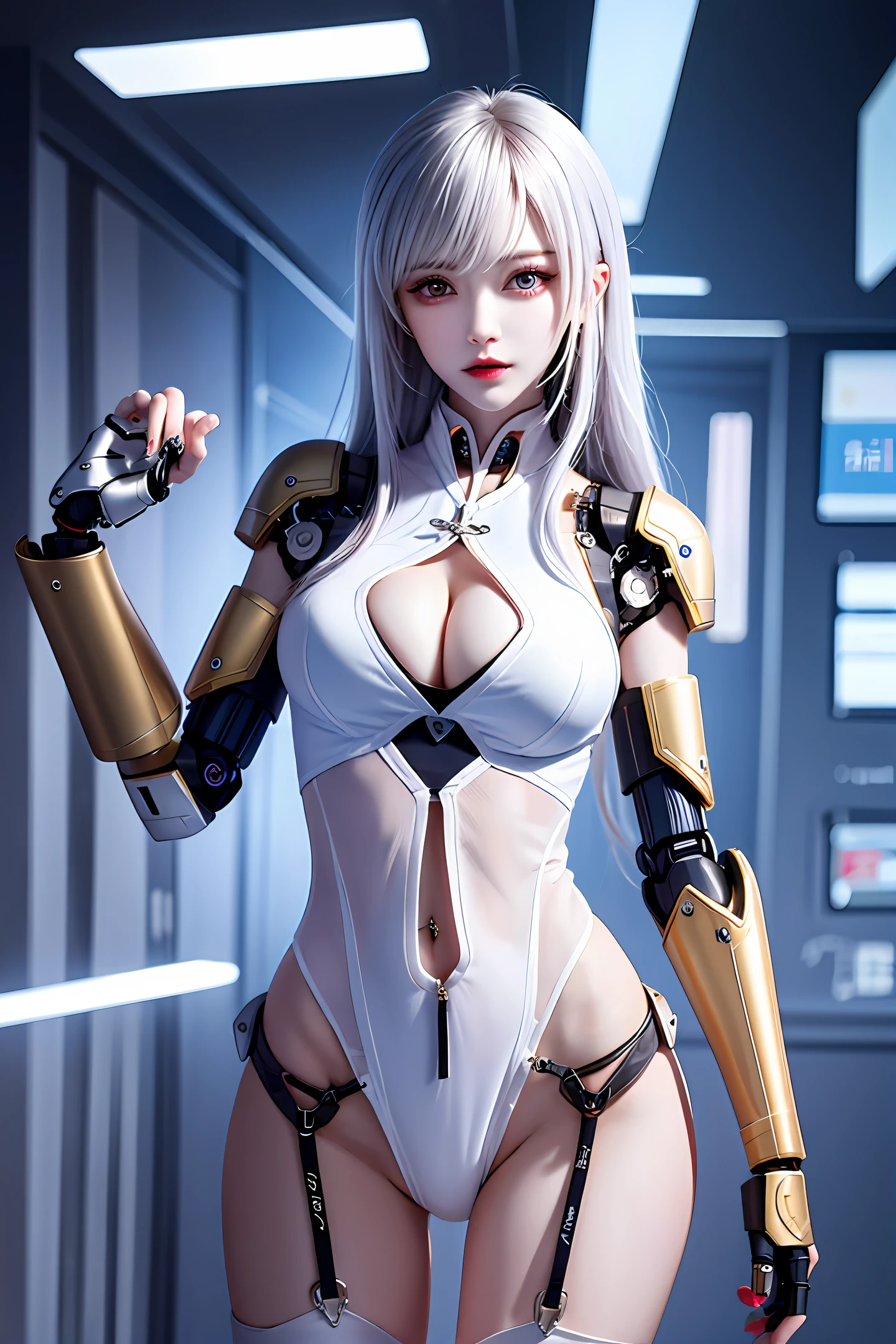 Cyberpunk style and classical Chinese style are combined,One hand is a robotic arm,Eighteen-year-old female,white skinned,long white hair,Big breasts, thin waist, fat buttocks