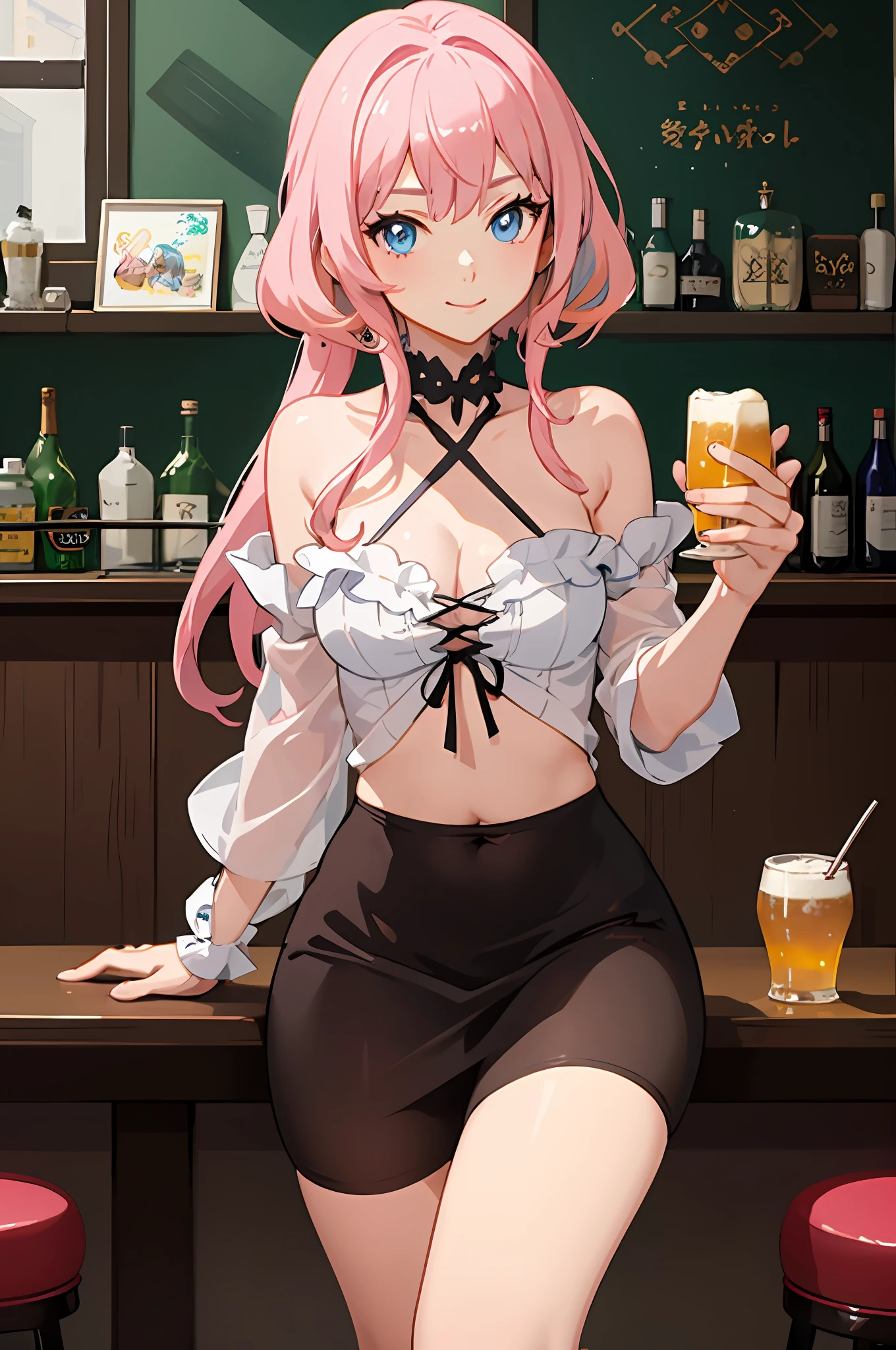 Anime girl with pink hair and blue eyes sitting in bar, seductive anime girls, at a bar, in a pub, sitting at the bar, beautiful and seductive anime woman, Guviz-style artwork, Guweiz in Pixiv ArtStation, small curvaceous loli, Best Rated on pixiv, Guweiz on ArtStation Pixiv