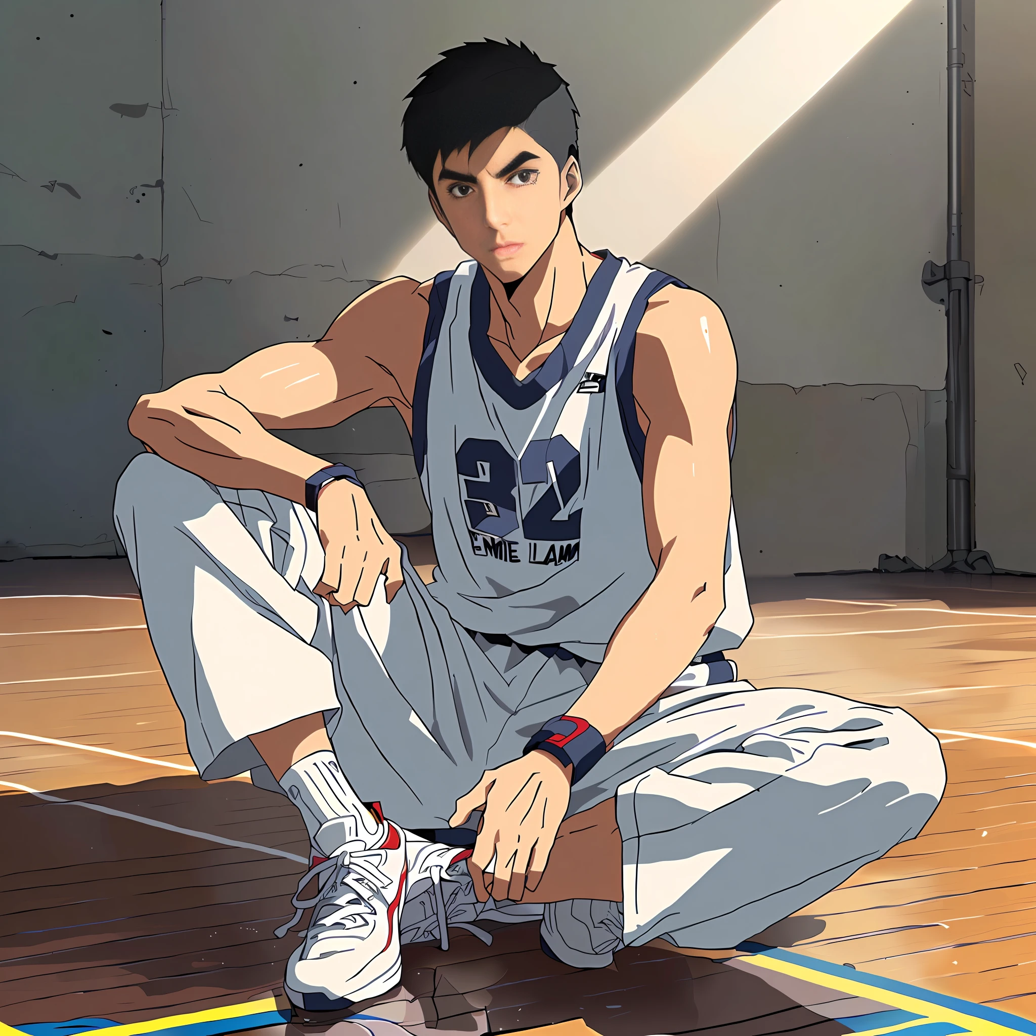 Anime characters sitting on basketball courts，feet crossed, official anime still, scence of slam dunk, kentaro miura art style, Handsome anime pose, official studio anime still, kentaro miura manga art style, kentaro miura art, style of kentaro miura, miura kentaro style, Slam Dunk, sankakucomplex anime image