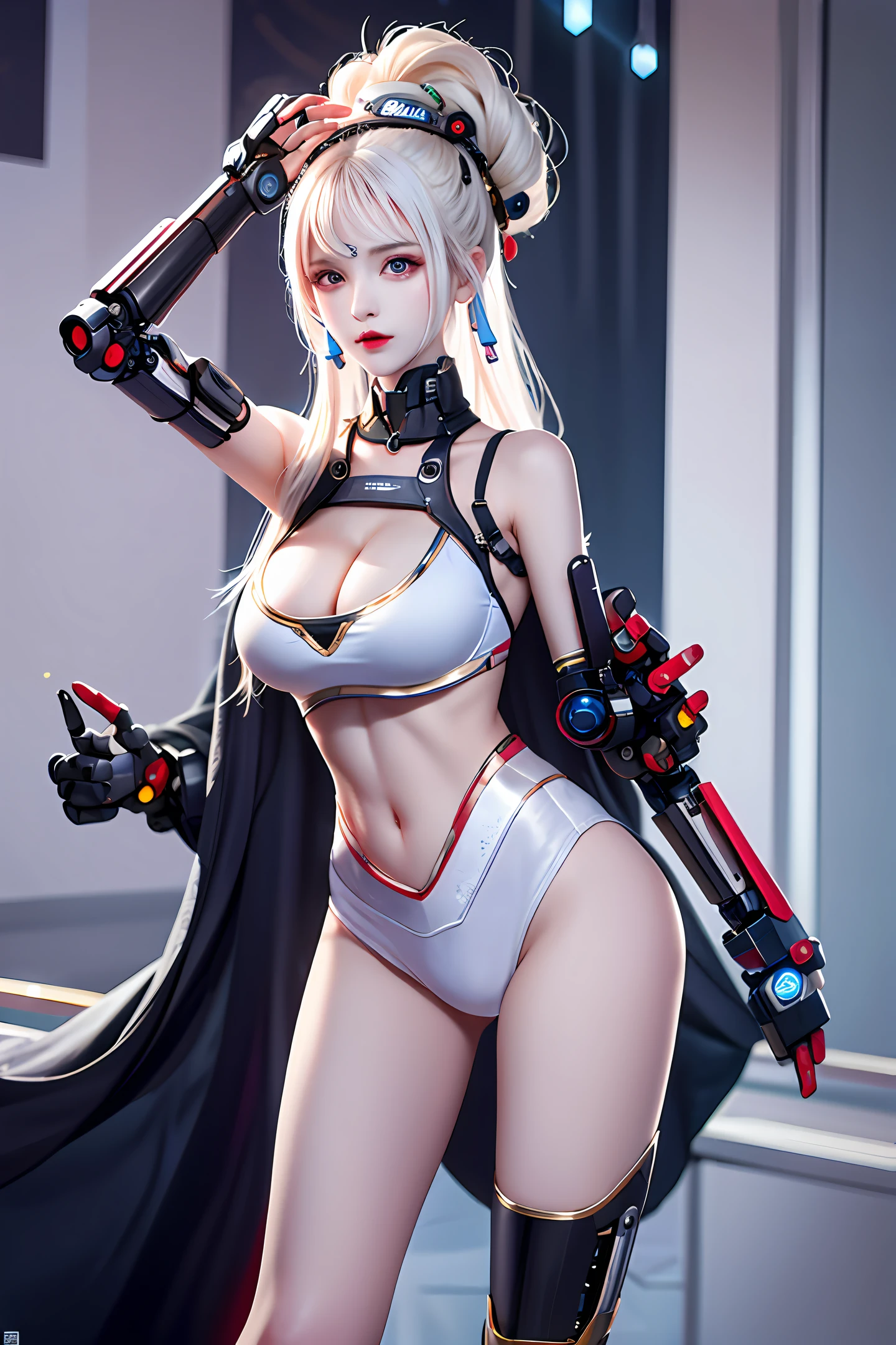 Cyberpunk style and classical Chinese style are combined，One hand is a robotic arm，-year-oldale，we skinned，long  white hair，Big breasts, thin waist, fat buttocks