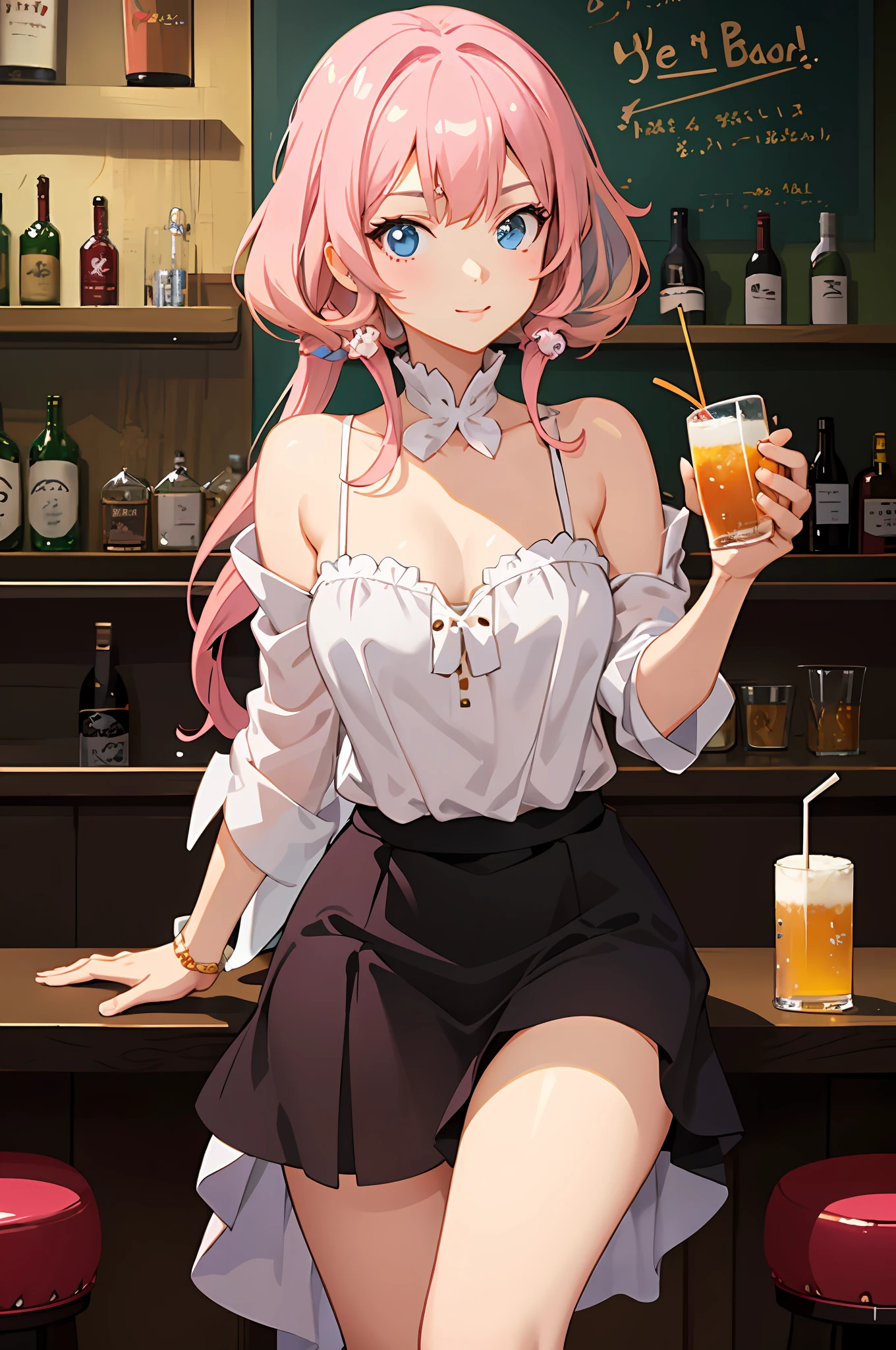 Anime girl with pink hair and blue eyes sitting in bar, seductive anime girls, at a bar, in a pub, sitting at the bar, beautiful and seductive anime woman, Guviz-style artwork, Guweiz in Pixiv ArtStation, small curvaceous , Best Rated on pixiv, Guweiz on ArtStation Pixiv