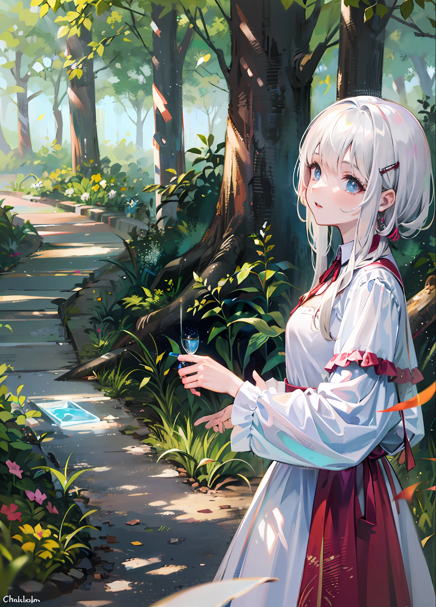 White-haired girl,chaste,Western Europe,Ice,the witch,goodness,forest backgrou,Bright sunshine