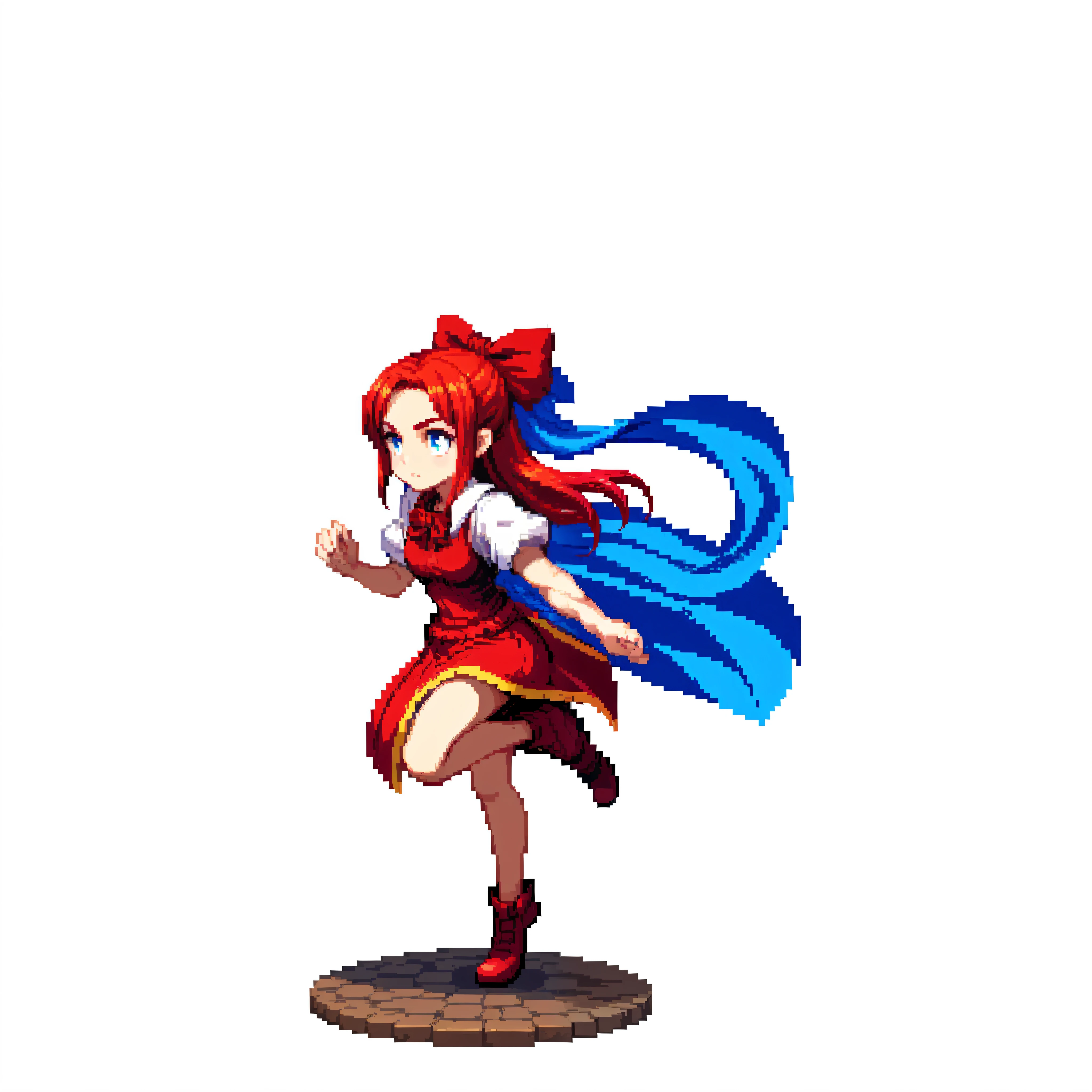 (masterpiece, top quality, best quality), pixel,pixel art,(1girl),full body,white background, long hair, red hair, dynamic pose, holding bow