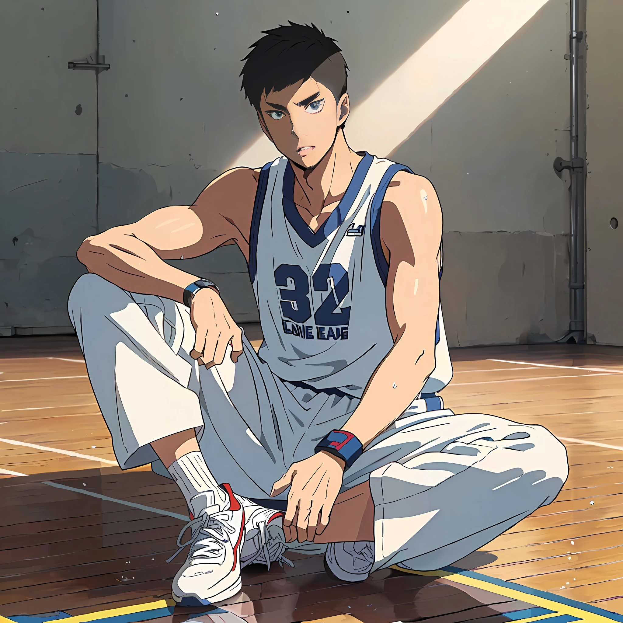 Anime characters sitting on basketball courts，feet crossed, official anime still, scence of slam dunk, kentaro miura art style, Handsome anime pose, official studio anime still, kentaro miura manga art style, kentaro miura art, style of kentaro miura, miura kentaro style, Slam Dunk, sankakucomplex anime image