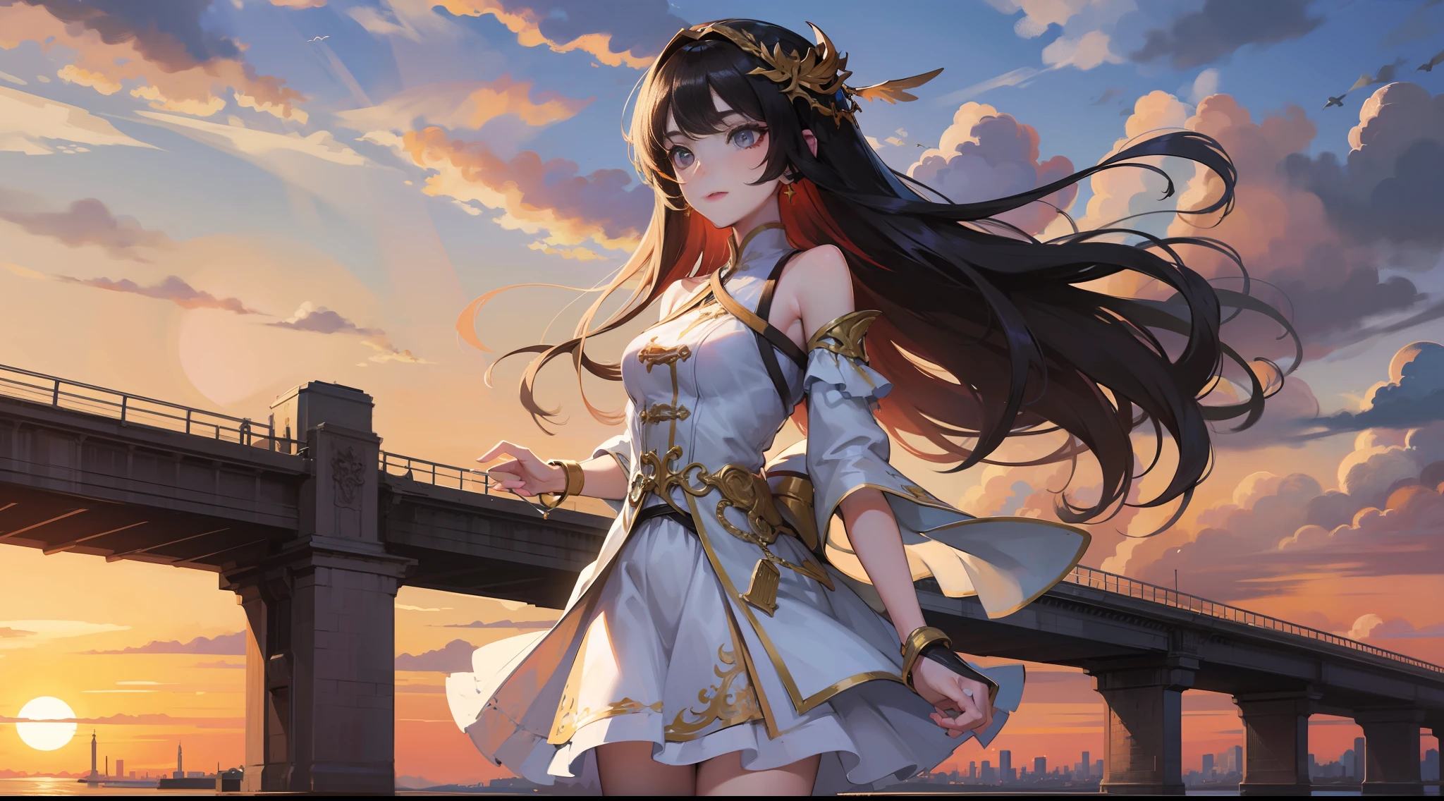 tmasterpiece,best qualtiy,Kizi,long whitr hair,the setting sun,white skirt,bridge,Eau,Skysky,sideface,