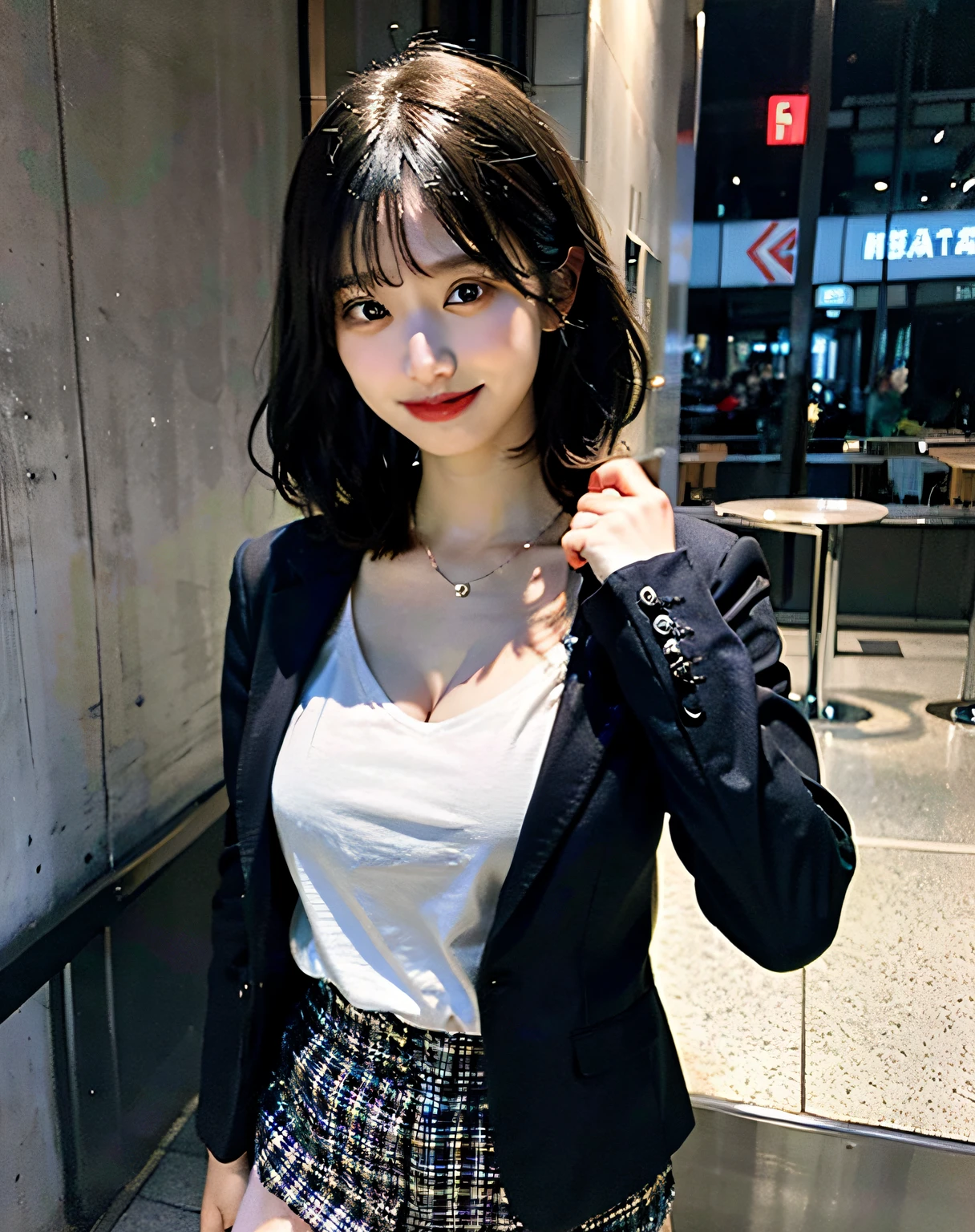 (top-quality:1.4)、8K、hard disk、ultraclear、女の子1人、（large full breasts：1.2）、Black-haired、（Heart-shaped pupil 1）、（Tongue out：1.2）、Bijo：1.3、short-cut、（weeping：1.3）、cleavage、crotch grab、in the darkness nigth、deep-shadows、A smile、Bust、a miniskirt,gray tailored jacket,Office,Upper body、Show off your panties to viewers、white panty、