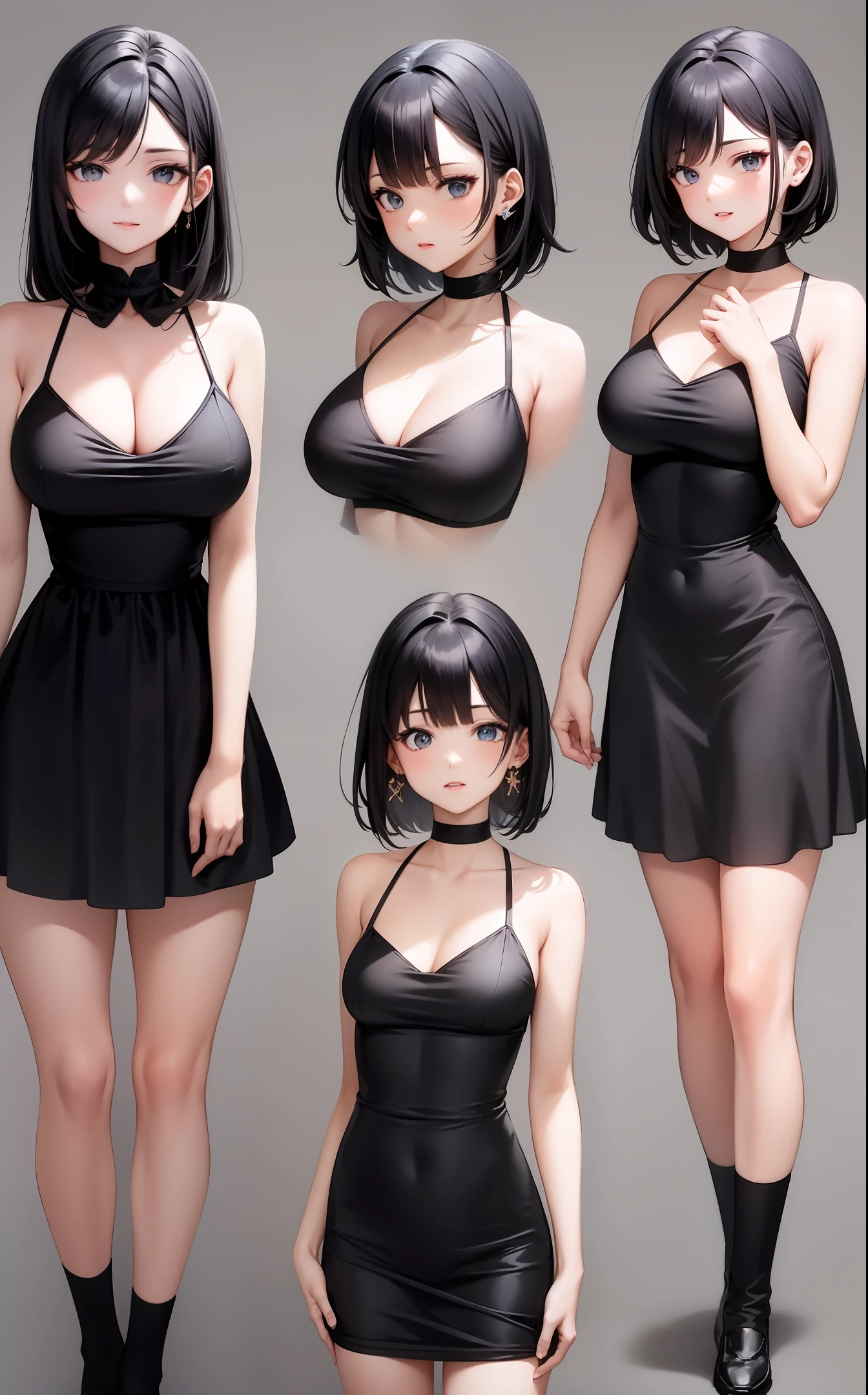 Lacsai，Medium length hairstyle，anime big breast，Simple background，with black background，The middle bangs are left，height of one meter seven，Black-haired，Slender figure，femele，White