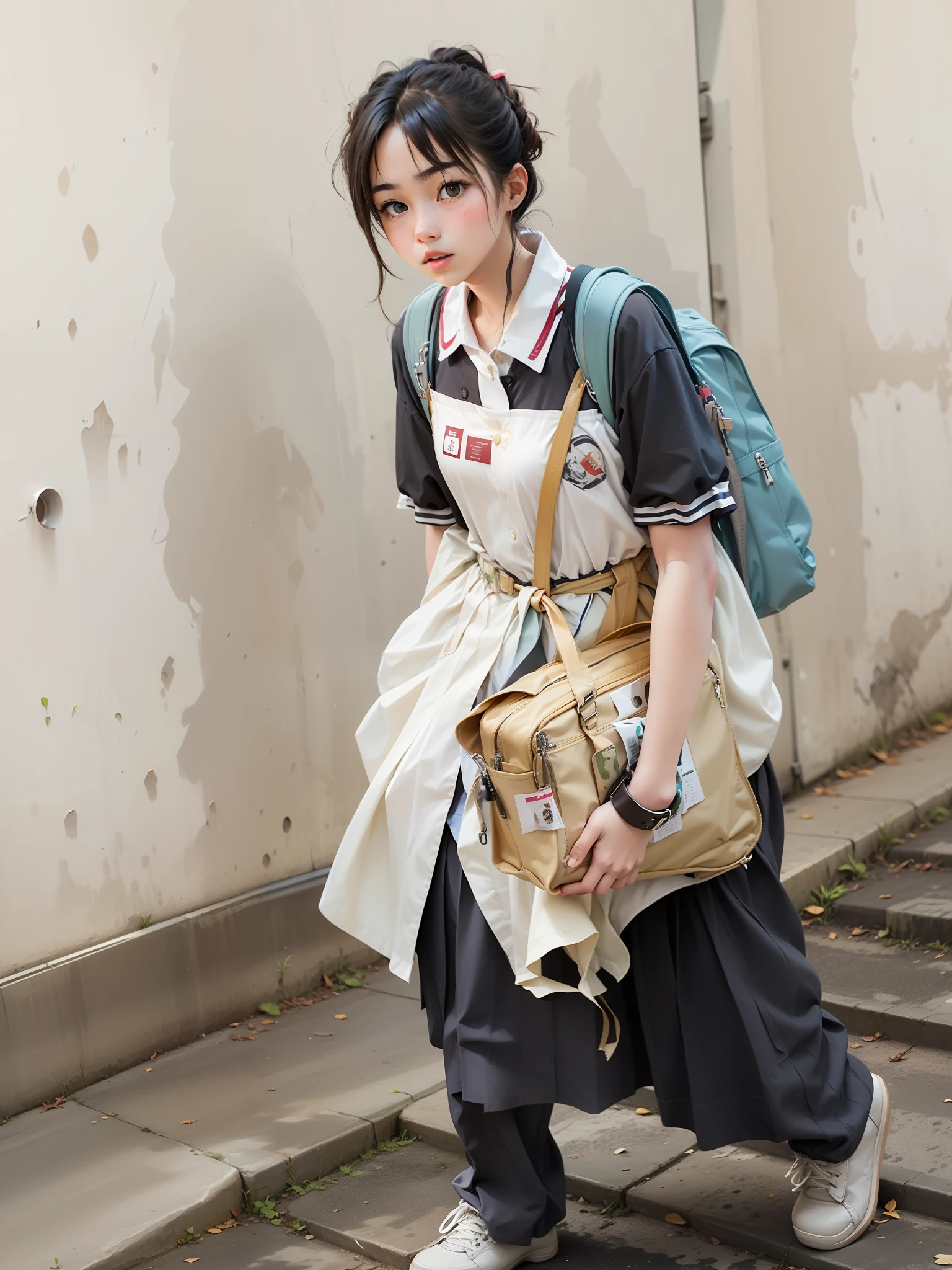 s girl，Holding a school bag，in school uniform