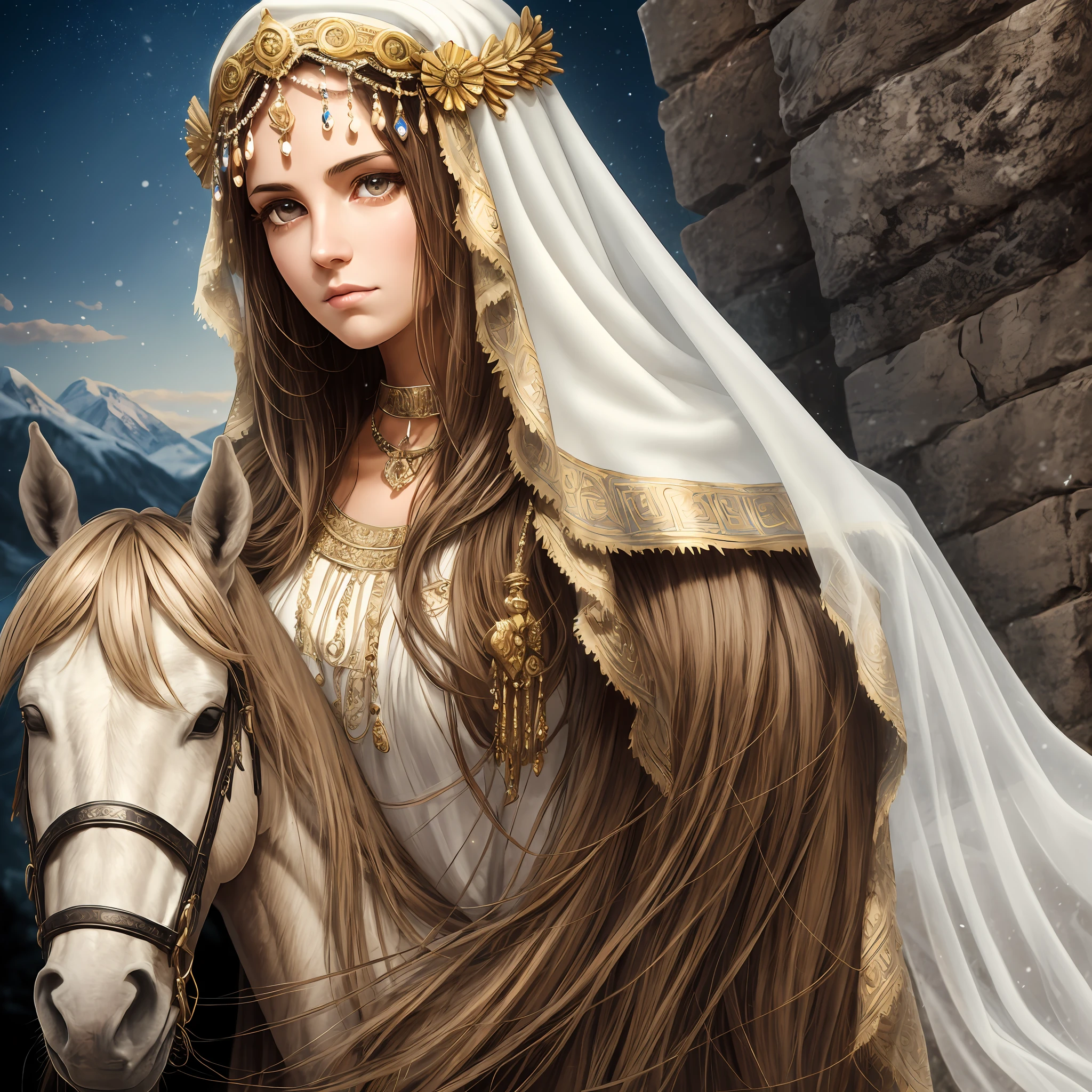 Greek girl goddess of husbandry and horses, With light brown hair and light brown eyes, Wears white greek toga and veil, Is pouting, taking care of her black horse, Ancient Arcadian field and mountain, Greek mythology, winter, super high quality, ultra accurate description of hands, HDR, photorealistic, super detail, masterpiece, 8K