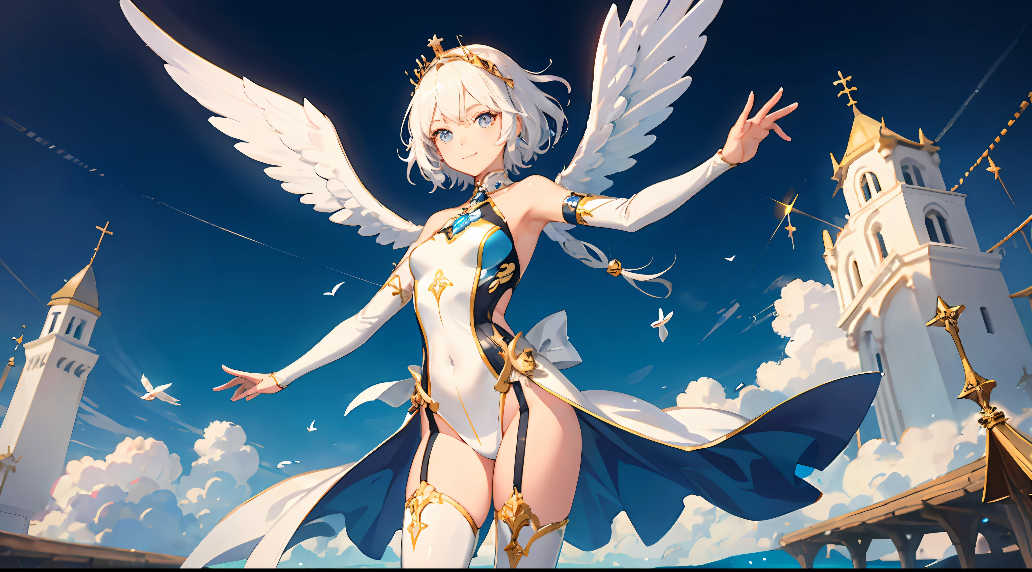 Angel girl with wings,18yr old,Two-dimensional style,Short white hair,Wear a crown set with blue gemstones,wearing bodysuit,nabel,bshoulders,facing to audience,ssmile,Big innocent eyes,The background is in the Kingdom of Heaven