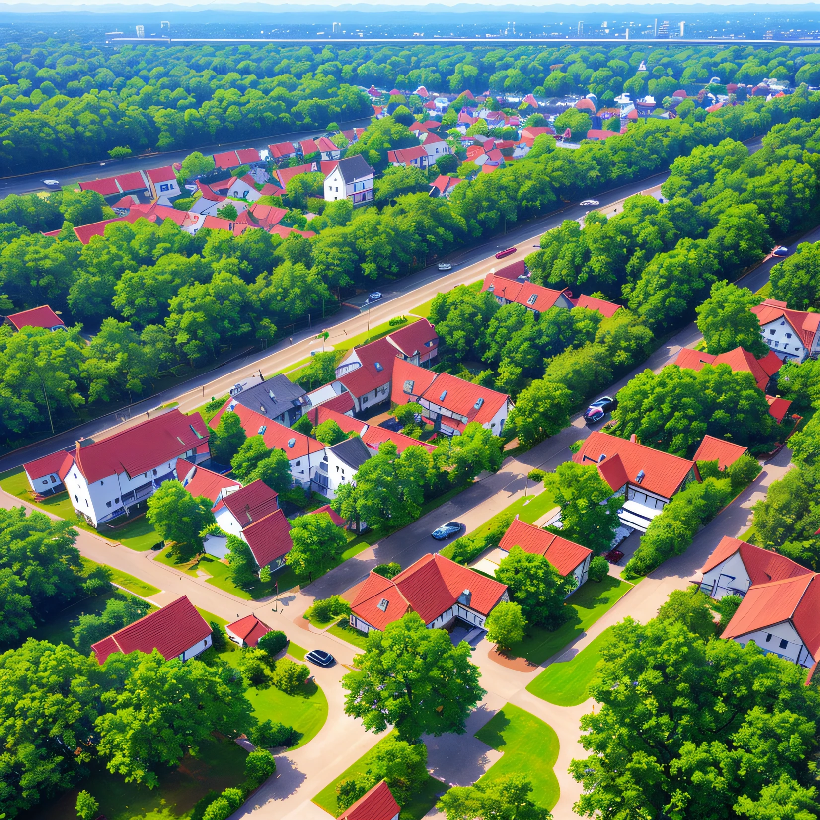 aerial view of a small lush town surrounded by nature with old wooden houses --auto
