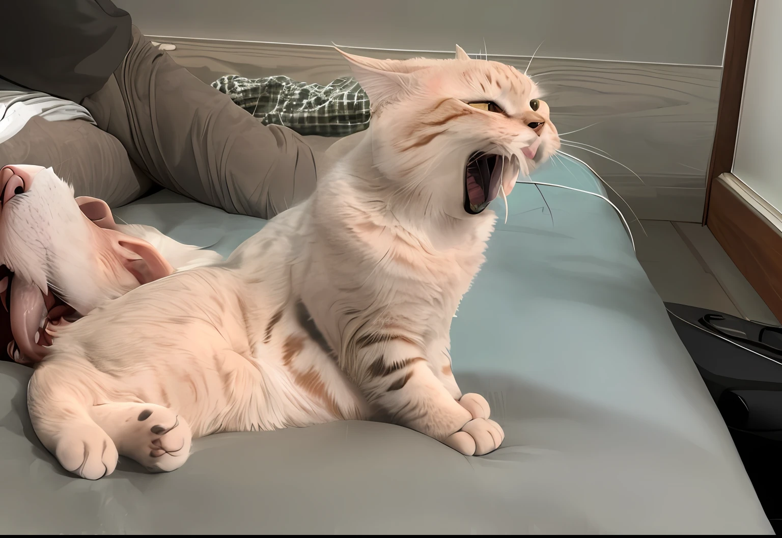 There was a cat sitting on the bed with its mouth open, he is screaming, Yawning, Screaming. Not realistic, screaming in pain, someone is screaming, screaming into air, screaming and crying, yelling furiously, screaming at the camera, Screaming in pain, happy with his mouth open, angry cat, screaming yelling, Very excited, sneering
