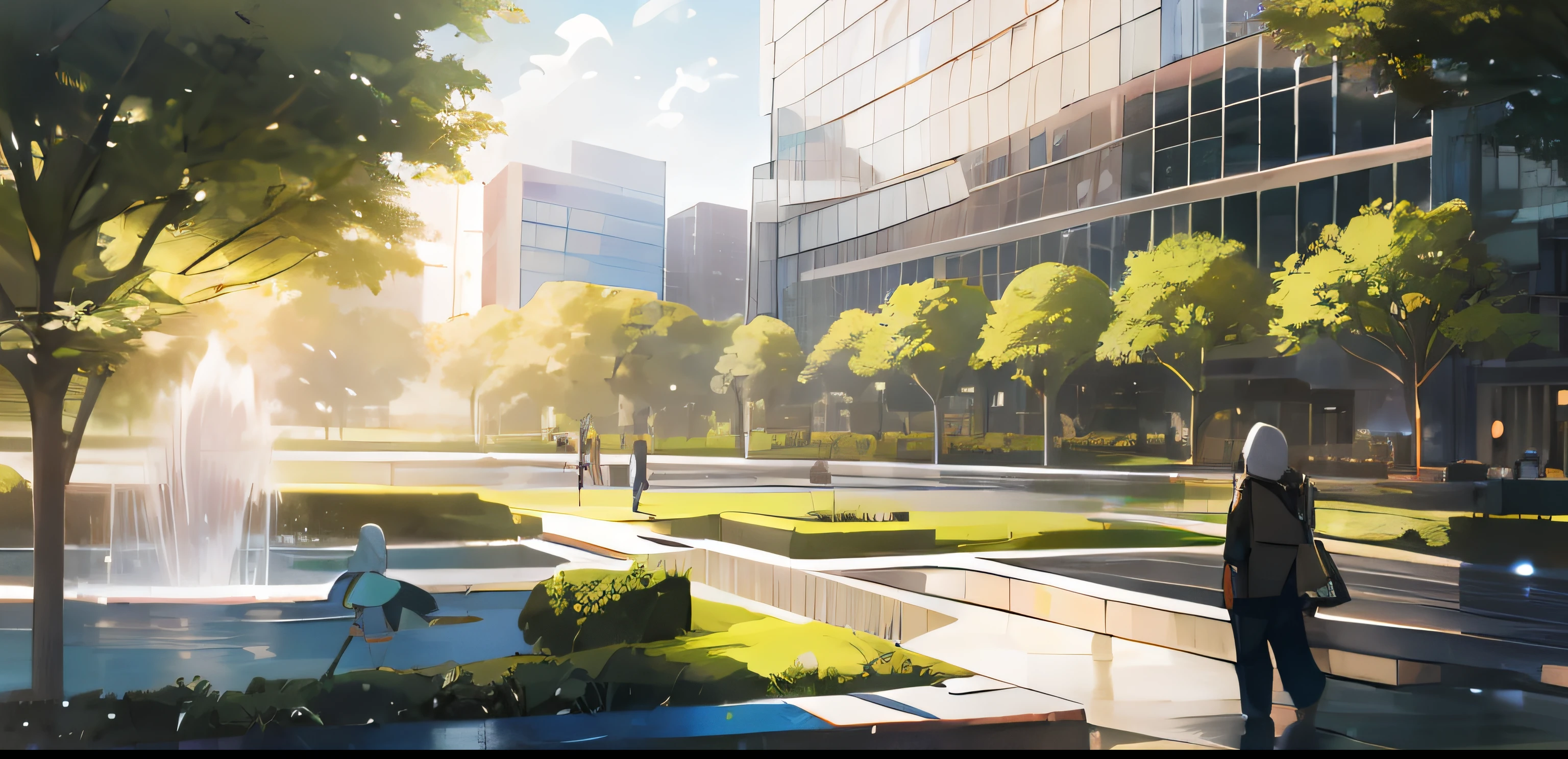 There are many people walking in the park with fountains, Detailed rendering, building rendering, Sunny environment, skyscrapers with greenery, landscape architecture photo, high-resolution details, realistic scene, sharp hq rendering, rendering, sharp foccus ilustration hq, artistation render, detalhe poderoso, full-colour illustration, Higher detailed illustration, high - res, High-res --auto