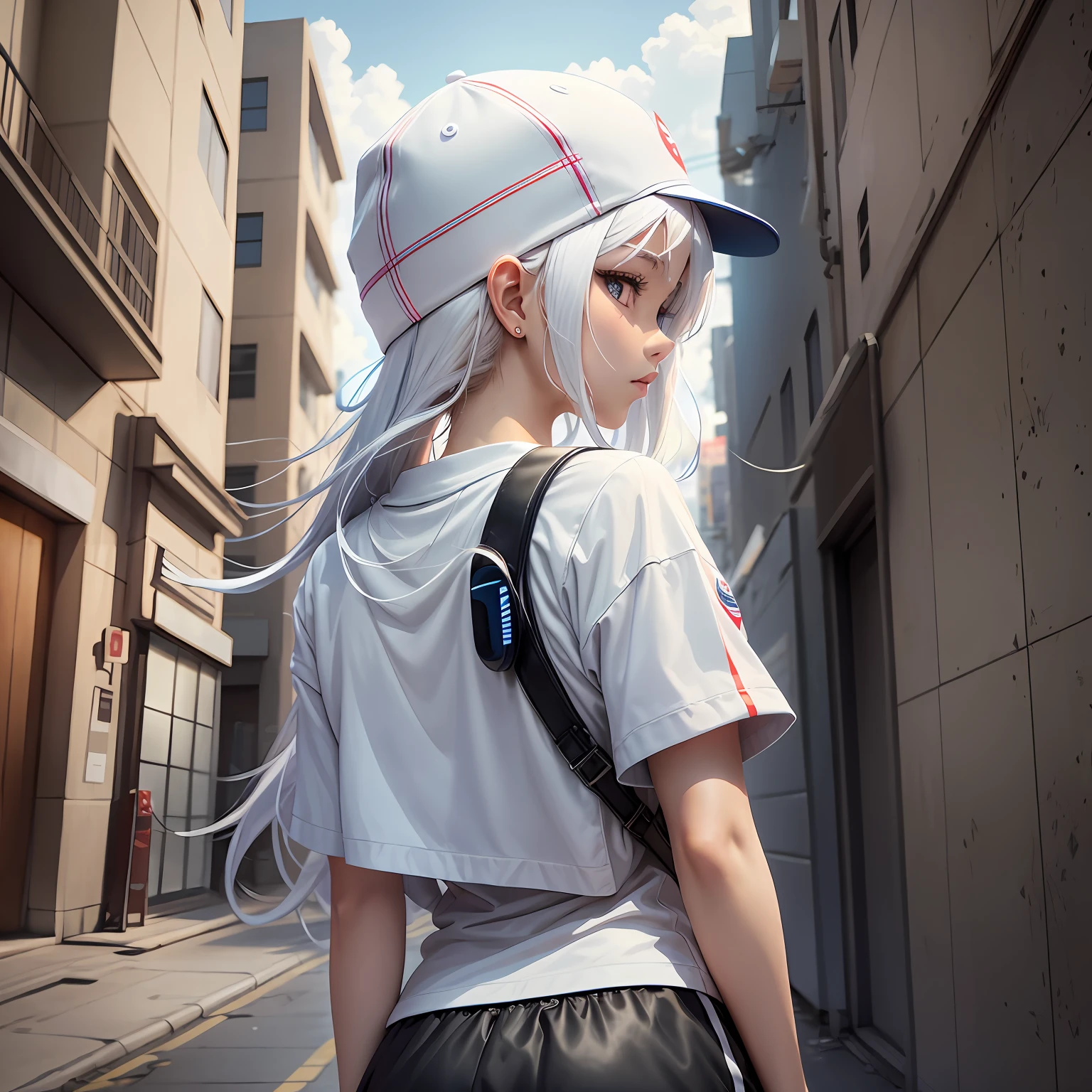 1girl, (solo:1.2), ((masterpiece)), [slim], (small breasts), pale skin, ((detailed eyes)), (background blur), white hair, hat, shorts, dark brown attire, evil, smirking mischievously, red eyes, evil grin, dark theme, evil theme