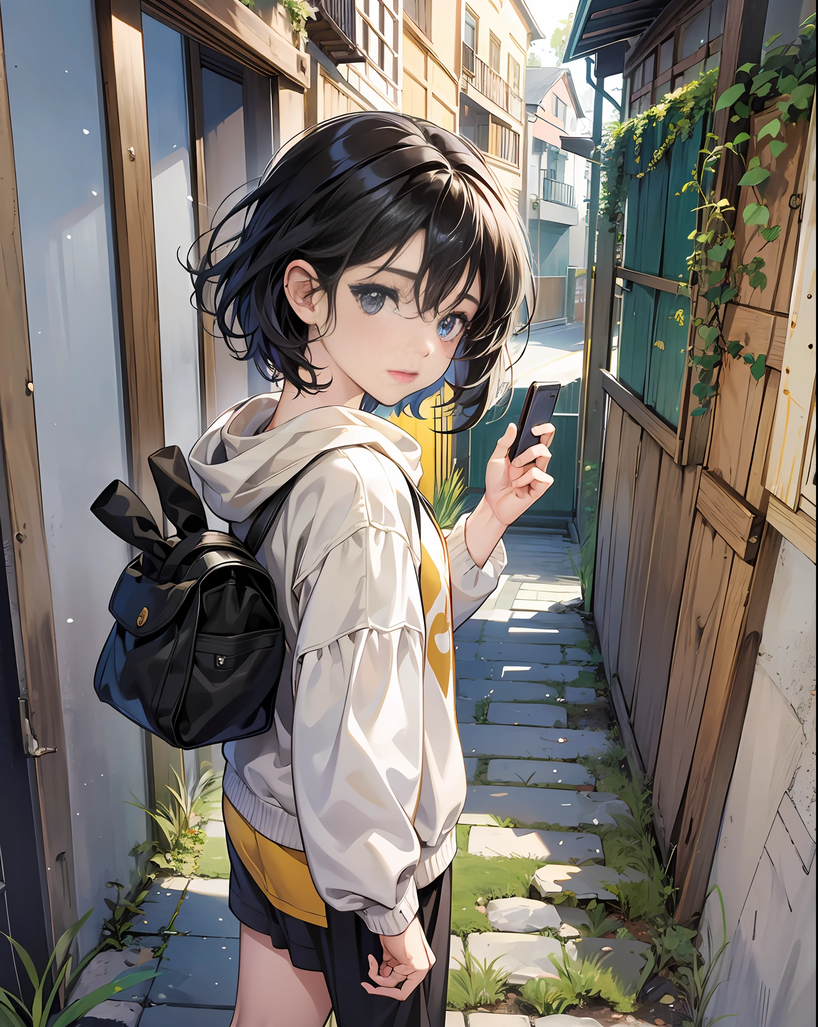 1 chica, obra maestra, mejor calidad, anime, cabello corto hasta los hombros, cabello rubio, ojos atractivos, (sudadera con capucha negra elegante), extremadamente detallado, cuerpo completo, en una ciudad, sosteniendo un libro, destello de lente, por studio ghibli, SFW, add_detail:1. --auto --s2