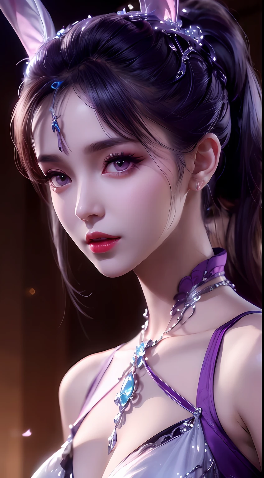 1 beautiful girl in Han costume, thin purple silk shirt with many white motifs, white lace top, long platinum purple ponytail, hair jewelry, ear jewelry, light purple rabbit ears, ring neck and necklace, big purple eyes drawn meticulously, meticulous makeup, thin eyebrows, high nose, pretty red lips, no smile, pursed lips, rosy cheeks, enlarged breasts, huge breasts, one-pound bust body, slim waist, purple mesh socks, Chinese hanfu style, fictional art texture, vivid and realistic color, RAW photo, real photo, ultra high quality 8k surreal photo, (effect) magic light effect: 1.8), 10x pixels, magic effect (background): 1.8), super detailed eyes, girl portrait, girl alone, ancient hanfu background, 8k quality, UHD, HDR10, super sharp, the most detailed and clear picture, bright colors, even lighting, detailed dark background,