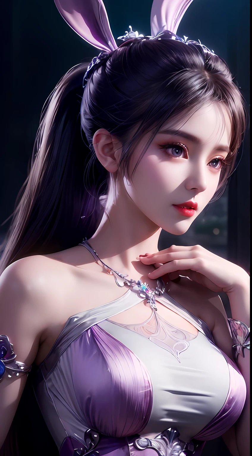 1 beautiful girl in Han costume, thin purple silk shirt with many white motifs, white lace top, long platinum purple ponytail, hair jewelry, ear jewelry, light purple rabbit ears, ring neck and necklace, big purple eyes drawn meticulously, meticulous makeup, thin eyebrows, high nose, pretty red lips, no smile, pursed lips, rosy cheeks, enlarged breasts, huge breasts, one-pound bust body, slim waist, purple mesh socks, Chinese hanfu style, fictional art texture, vivid and realistic color, RAW photo, real photo, ultra high quality 8k surreal photo, (effect) magic light effect: 1.8), 10x pixels, magic effect (background): 1.8), super detailed eyes, girl portrait, girl alone, ancient hanfu background, 8k quality, UHD, HDR10, super sharp, the most detailed and clear picture, bright colors, even lighting, detailed dark background,