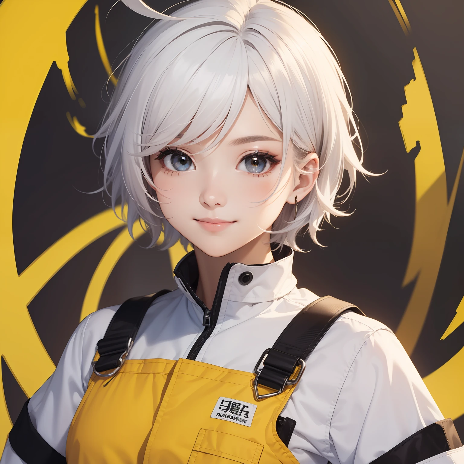 ((​masterpiece、top-quality))、(独奏)、(female focus)、(Ahoge、white  hair、short-hair)、Black eye、lightsmile、(Workwear、Coveralls、yellow)、is standing、No background、dynamic ungle