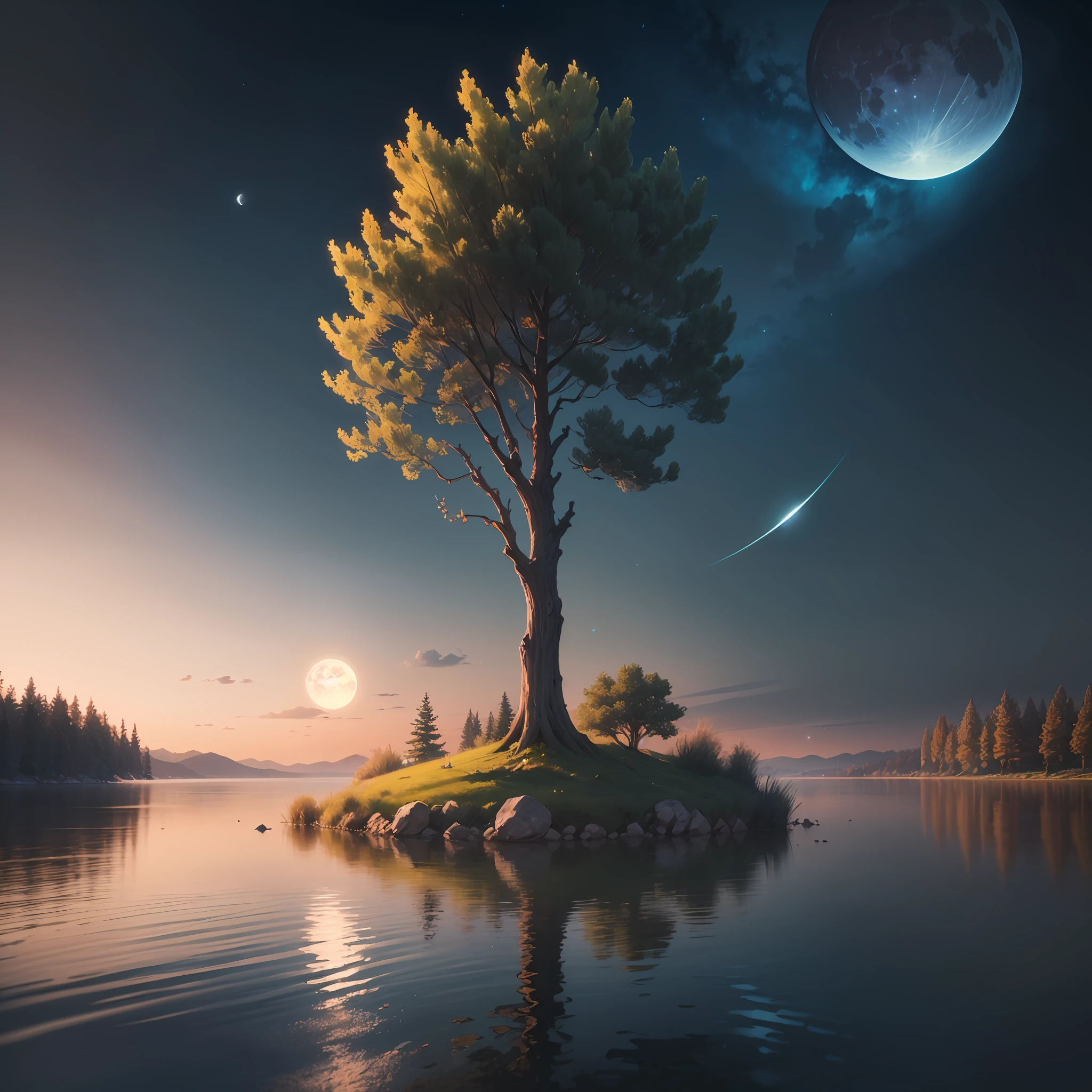 (Extremely detailed CG unified 8k wallpaper, Masterpiece, Best quality, super ultra detail), (full lighting, Best shadow, Aesthetically fascinating), (tree:1.2, Float on the lake), Tranquility, Reflection, peacful, moon full, (water:1.1) --Automatically generated。 --auto
