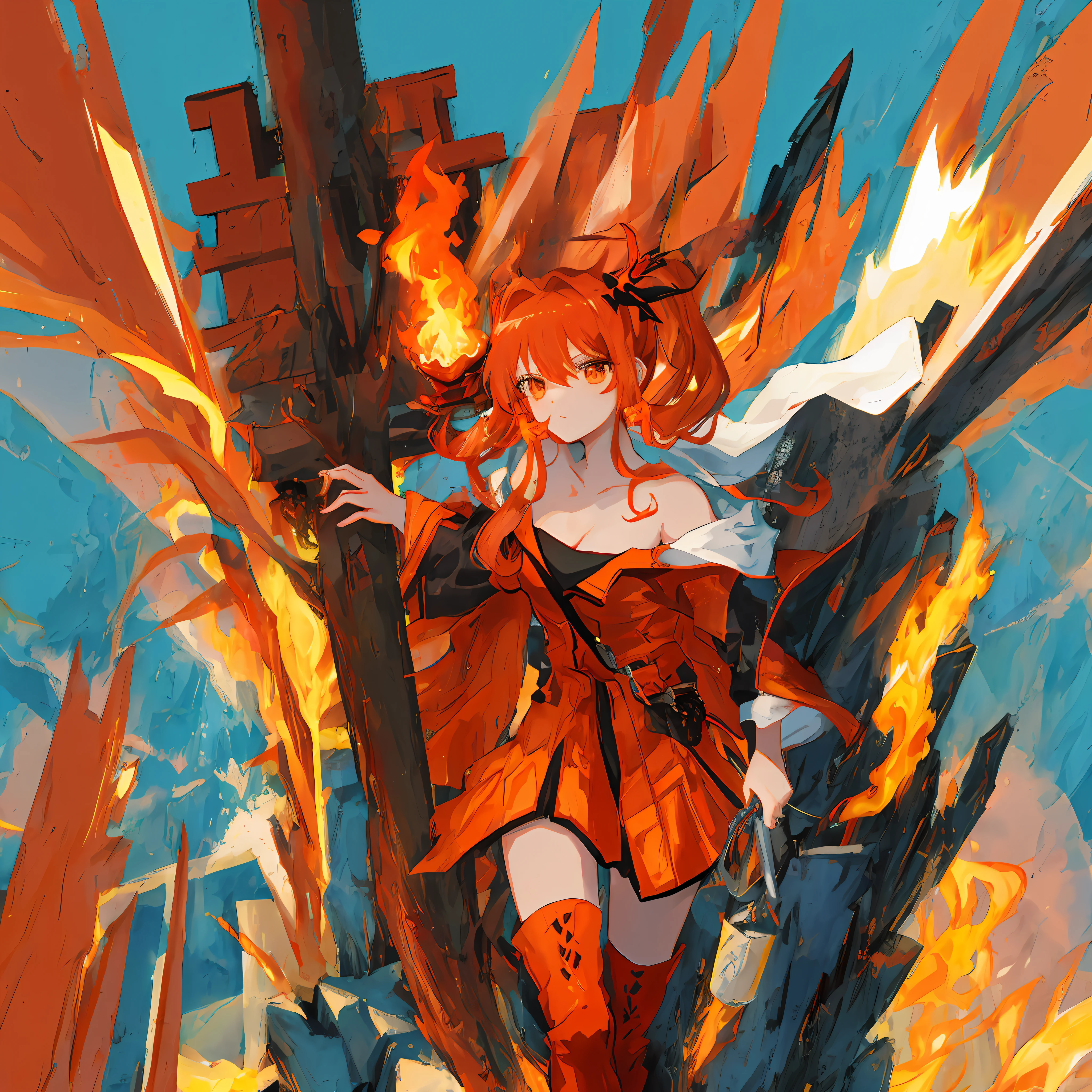 Anime girl with red hair and orange costume standing in front of the fire, Fire!! full body, Badass anime 8 K, Ayaka Genshin impact, completely consisting of fire, zerochan art, the fire goddess, lava and fire goddess, Kill Pull Kill illustration, style of anime4 K, flame conjuring armored, the fire goddess, firemage, zerochan