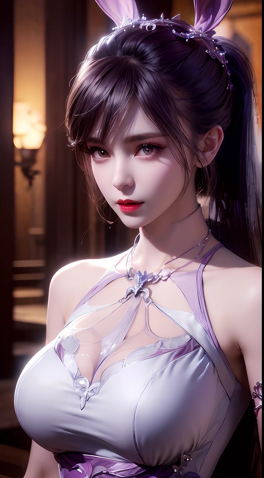 1 beautiful girl in Han costume, thin purple silk shirt with many white motifs, white lace top, long platinum purple ponytail, hair jewelry, ear jewelry, light purple rabbit ears, ring neck and necklace, big purple eyes drawn meticulously, meticulous makeup, thin eyebrows, high nose, pretty red lips, no smile, pursed lips, rosy cheeks, enlarged breasts, huge breasts, one-pound bust body, slim waist, purple mesh socks, Chinese hanfu style, fictional art texture, vivid and realistic color, RAW photo, real photo, ultra high quality 8k surreal photo, (effect) magic light effect: 1.8), 10x pixels, magic effect (background): 1.8), super detailed eyes, girl portrait, girl alone, ancient hanfu background, 8k quality, UHD, HDR10, super sharp, the most detailed and clear picture, bright colors, even lighting, detailed dark background,