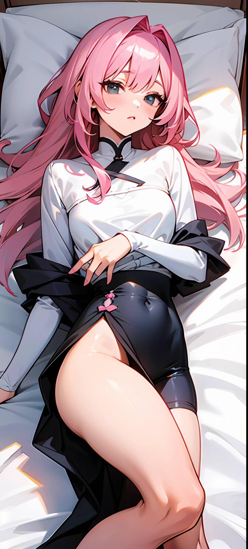 A pink-haired girl wearing knee-length white silk inserted her  with a  on the bed