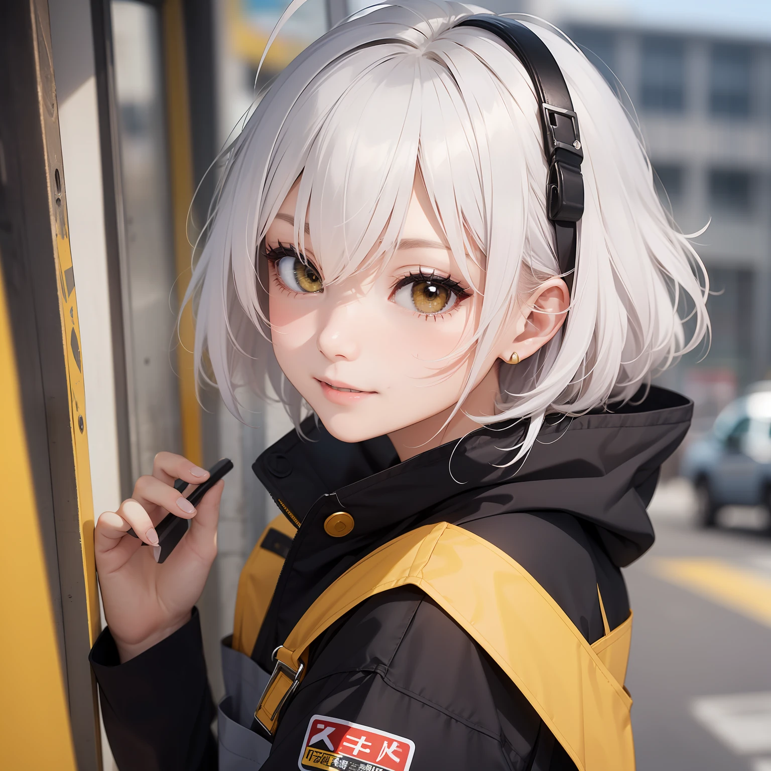 ((​masterpiece、top-quality))、(独奏)、(female focus)、(Ahoge、white  hair、short-hair)、Black eye、lightsmile、(Workwear、Coveralls、yellow)、is standing、No background、dynamic ungle