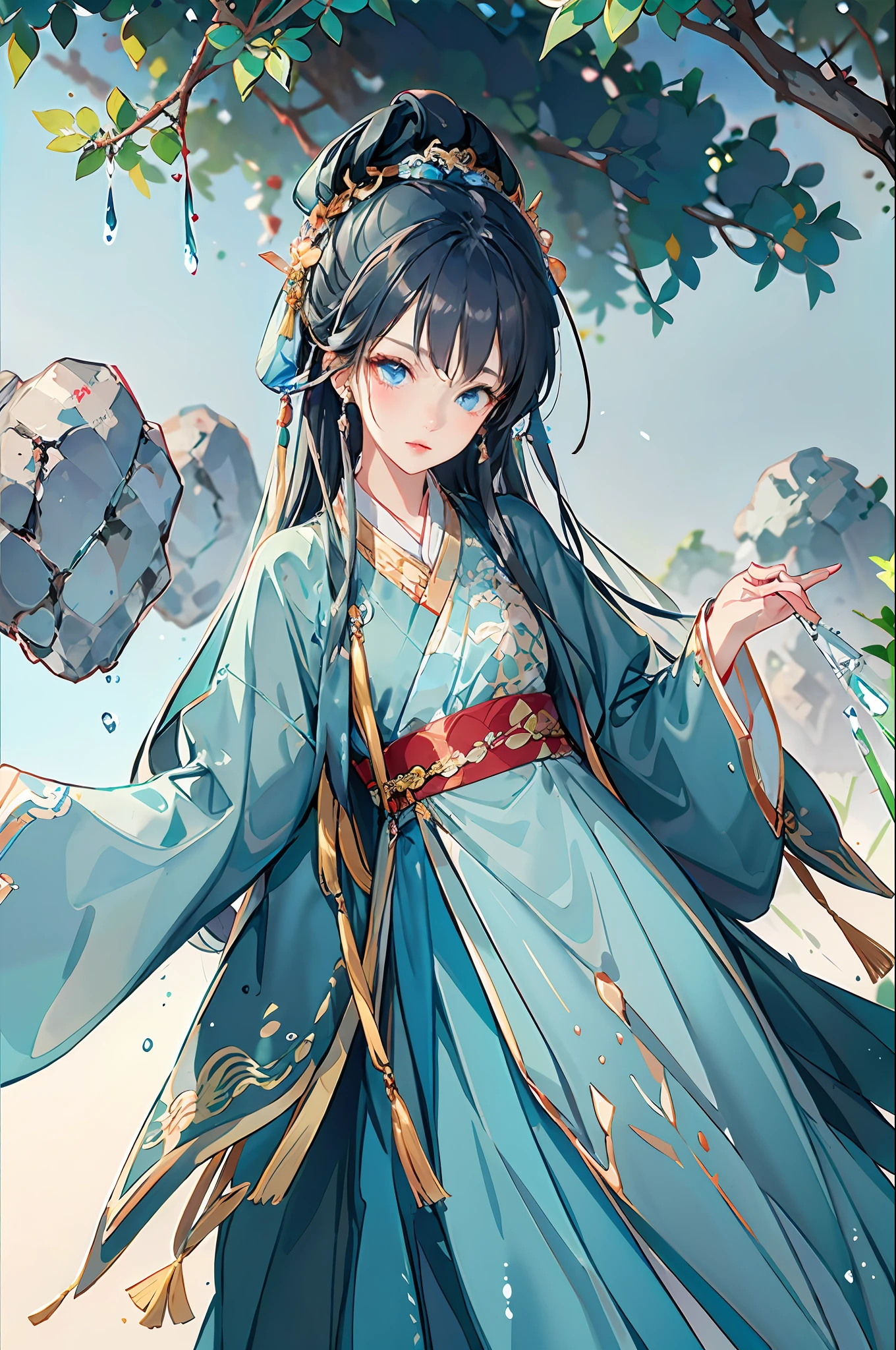 Best quality at best,Complicated details,A high resolution,(beautiful detailed water:1.4),(Hanfu,Tang Feng),blue colored eyes,White hair,merfolk,water dripping,Sense of brokenness(Boy in a glass jar:1.1),